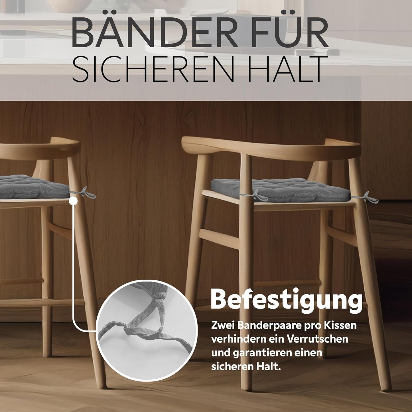 4er-Set Sitzkissen mit Haltebändern, 4 Stück (1er Pack) Dunkelgrau