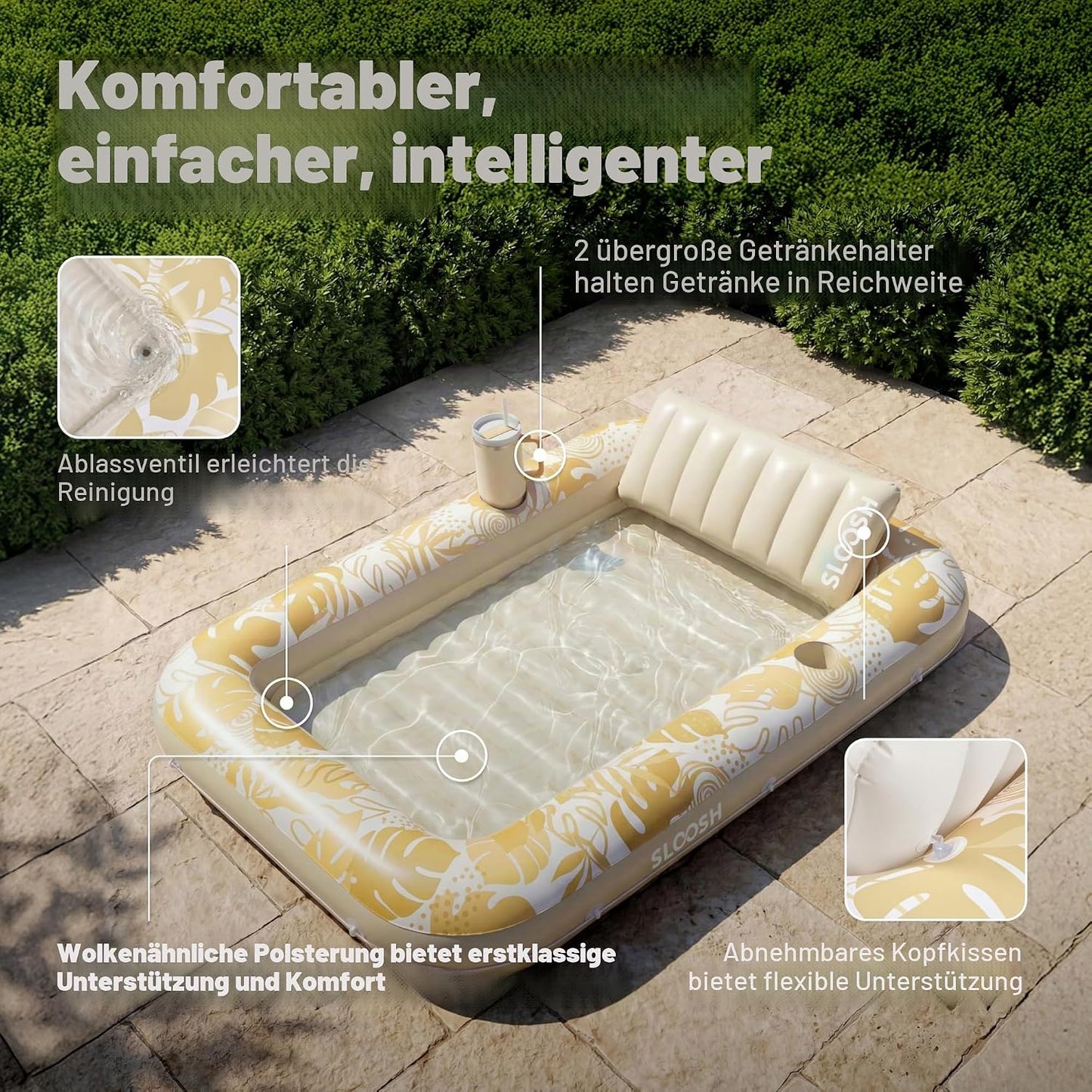Aufblasbarer 4-in-1 Sonnenliegepool mit Kissen und Getränkehalter, Gold Weiss XL