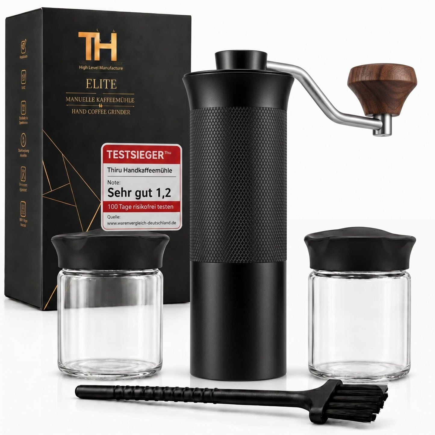 Handkaffeemühle mit Kegelmahlwerk, Walnussgriff
