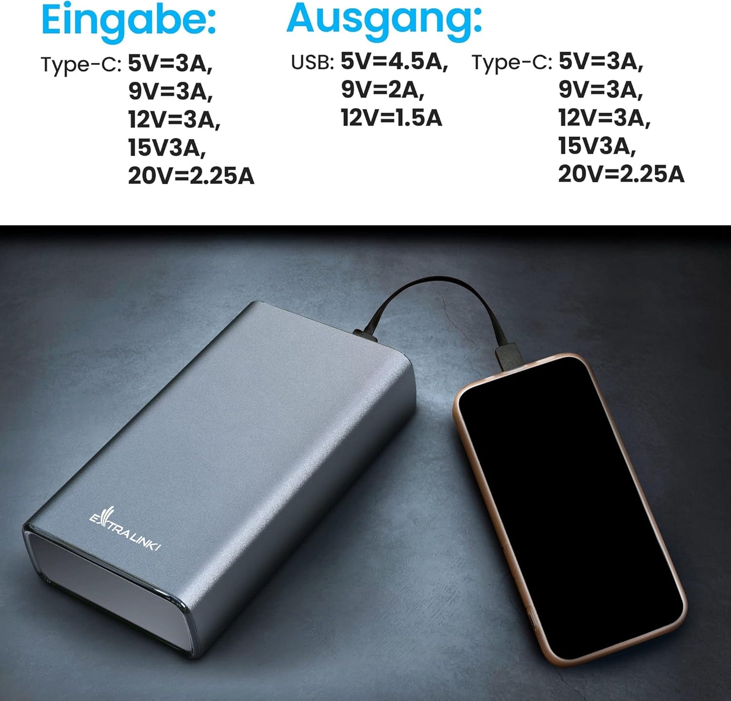 Powerbank mit Schnellladefunktion, 20000mAh/45W/Silber