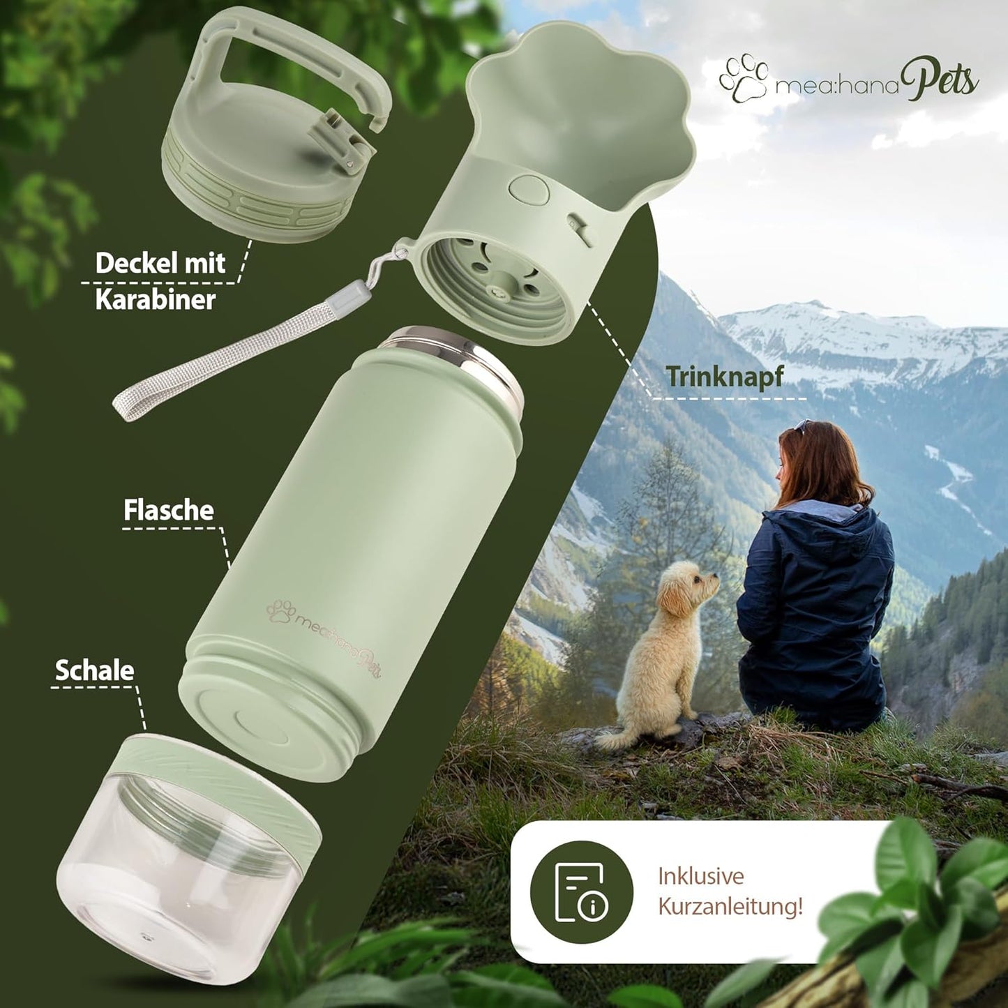 Hundetrinkflasche mit Futterbehälter & Karabiner