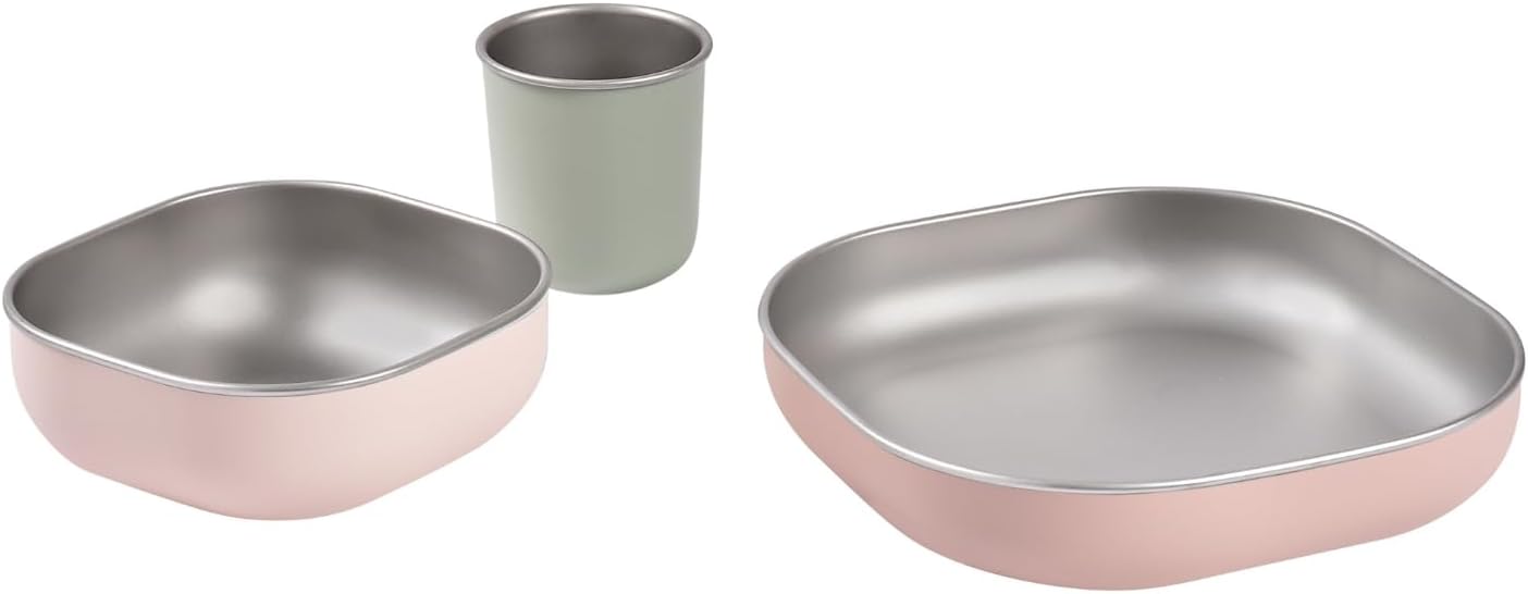 Baby-Essensset Edelstahl, 3-teilig, Glas + Teller-Set, Barbapapa