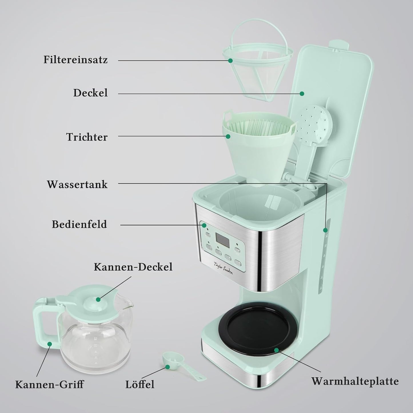 Kaffeemaschine mit Timer und Abschaltautomatik, Grün