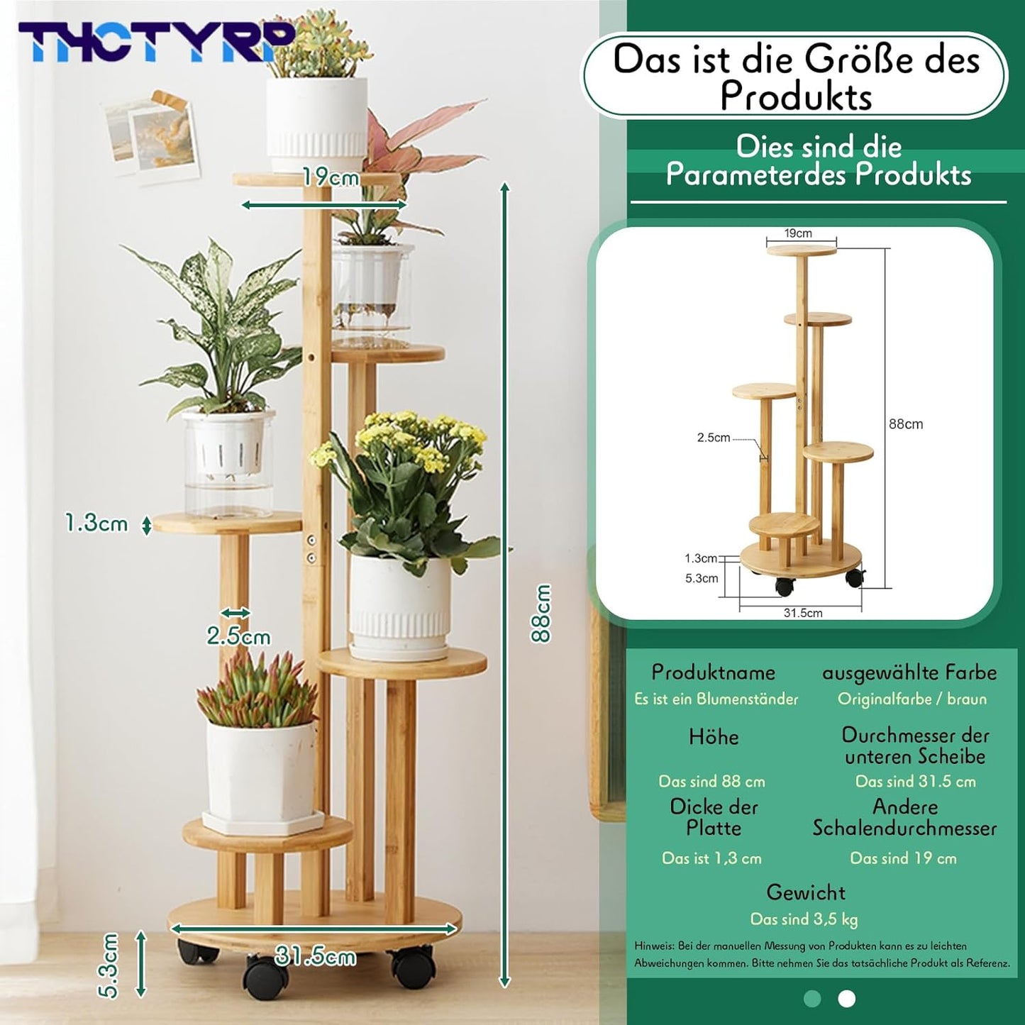 5-stöckiger Blumenständer mit Rädern, fünfter Stock Holzfarbe