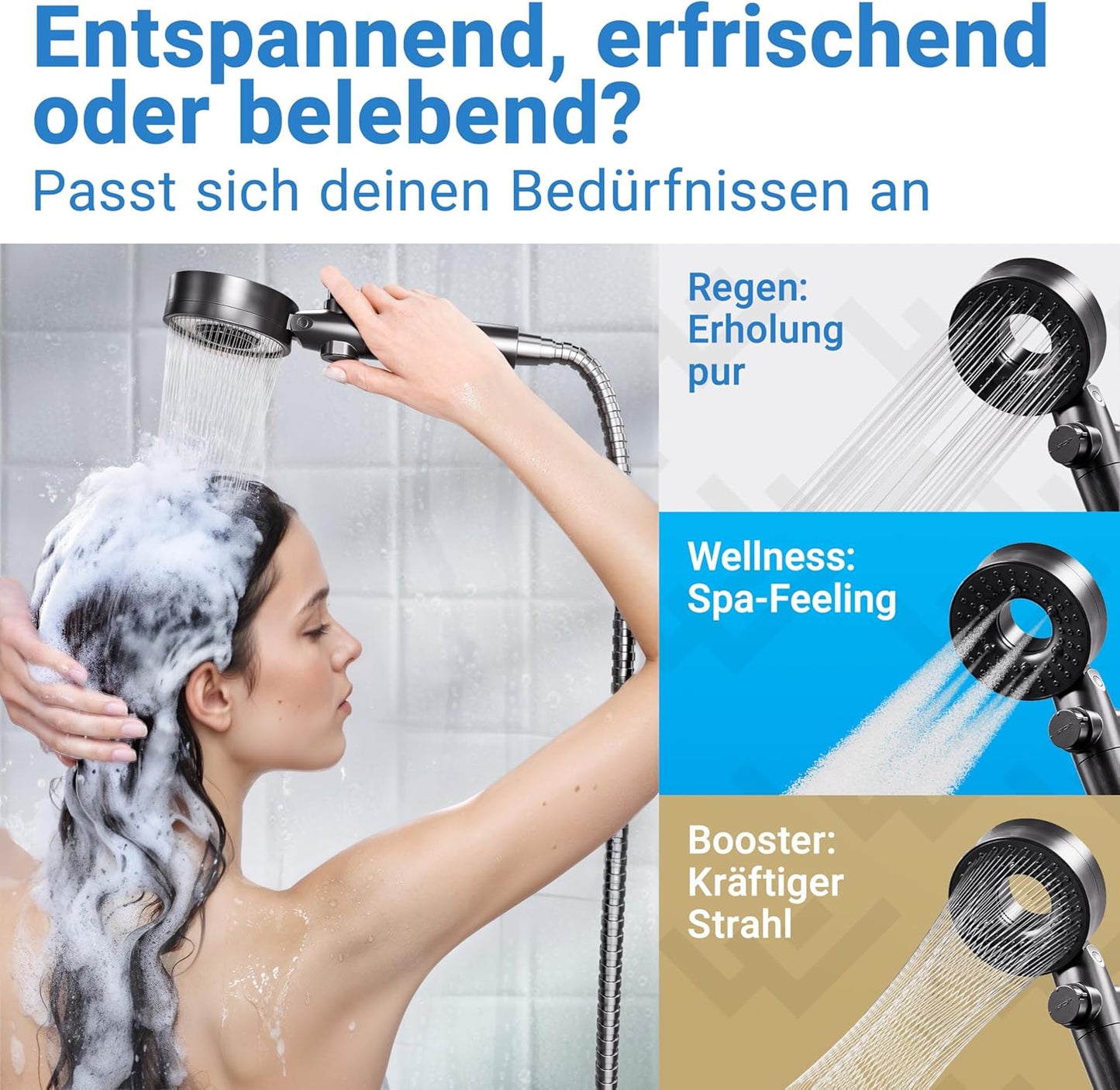 Duschkopf mit Filter und 3 Modi (wassersparend), Matt Schwarz