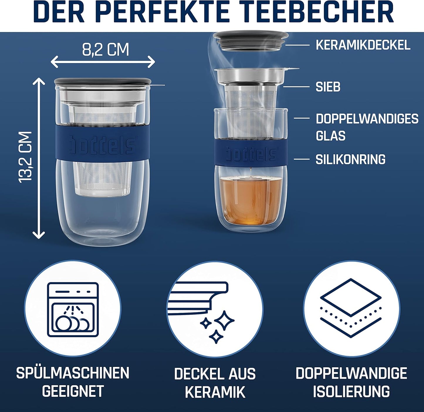 Teeglas mit Sieb und Deckel, Nachtblau