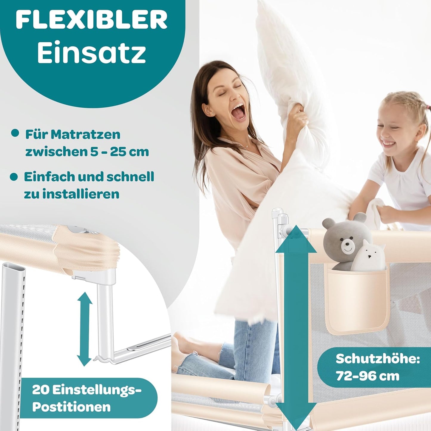 Klappbares Bettschutzgitter mit Tasche, 180cm Beige