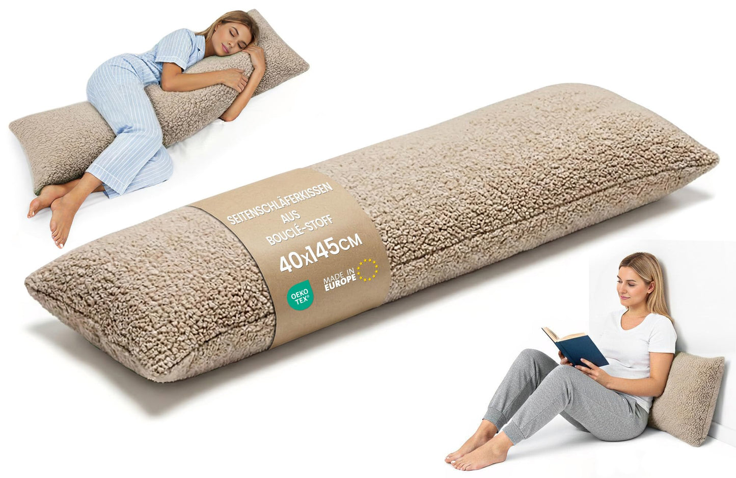 Seitenschläferkissen mit waschbarem Bezug, Beige 40x145 cm