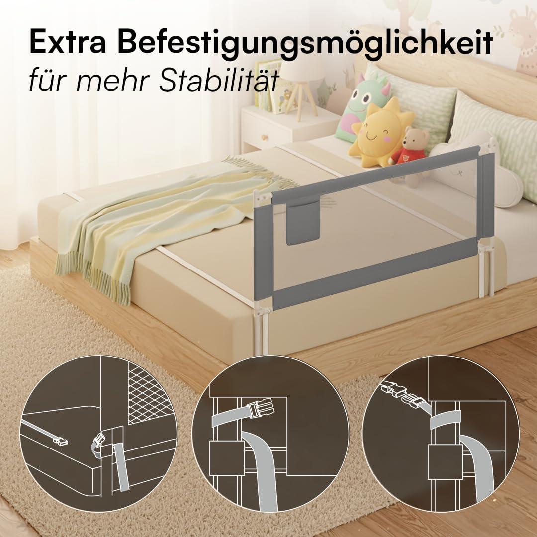 Höhenverstellbares Bettschutzgitter, Dunkelgrau - mit Gurt 180 cm