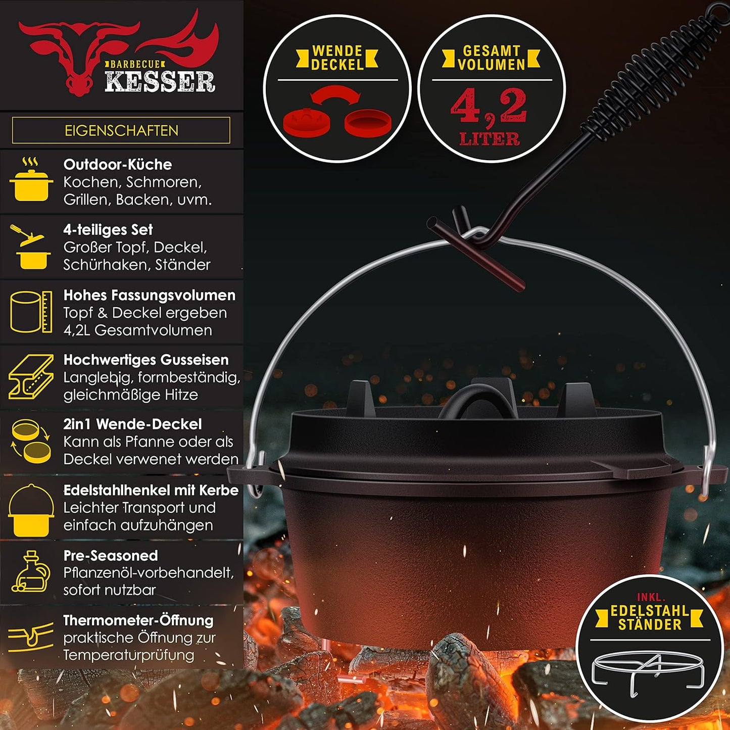 Dutch Oven Set, DO45P - 4.2 Liter, Topf ohne Füsse