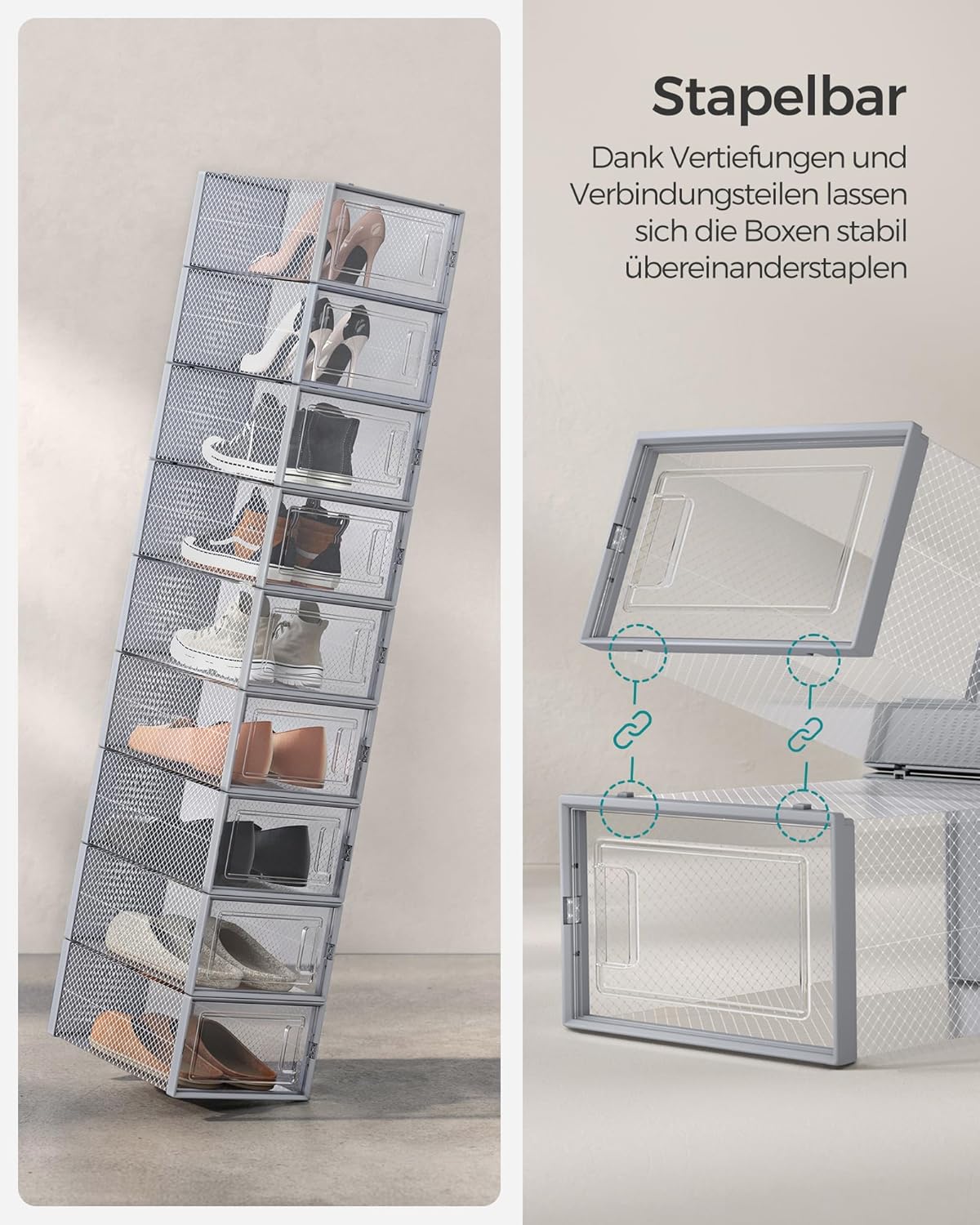18-teiliges Schuh-Organizer-Set, Transparent + Grau 18er Set für Schuhe bis Größe 44