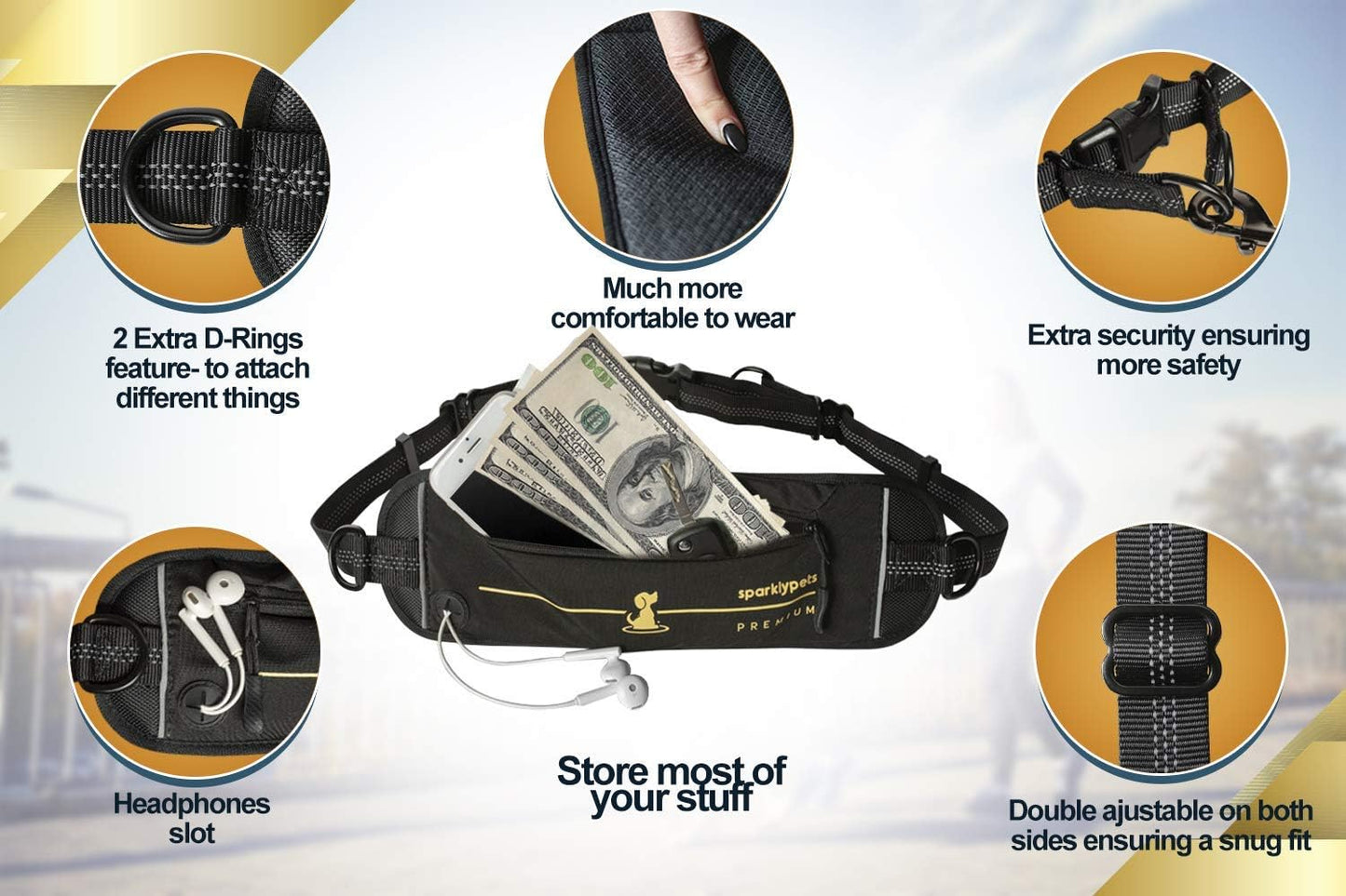 2 in 1 Joggingleine für Hunde mit Doppelgriff, Stossdämpfer und Bauchgurt, Premium-Gold Für ein Hund