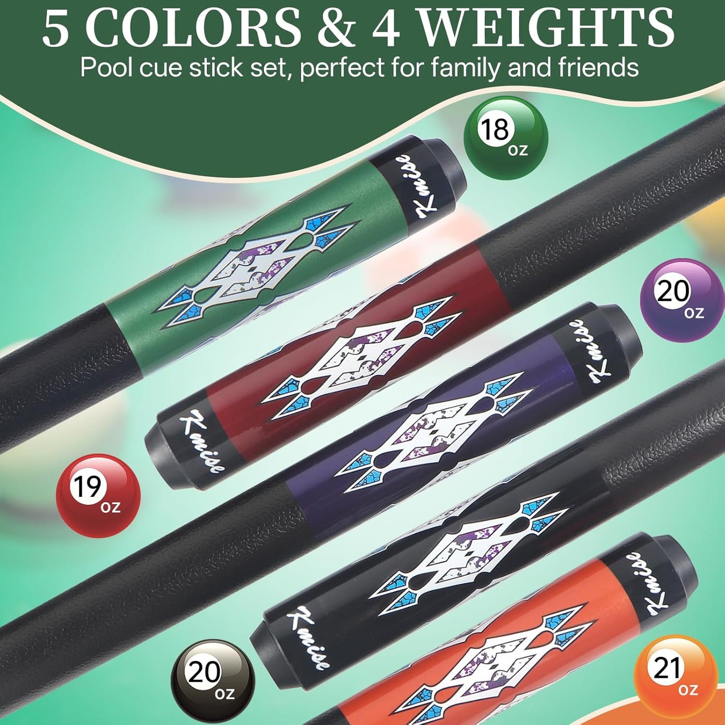 5er-Set Billardqueue, 5 Sets (Grün, Rot, Lila, Schwarz, Orange)