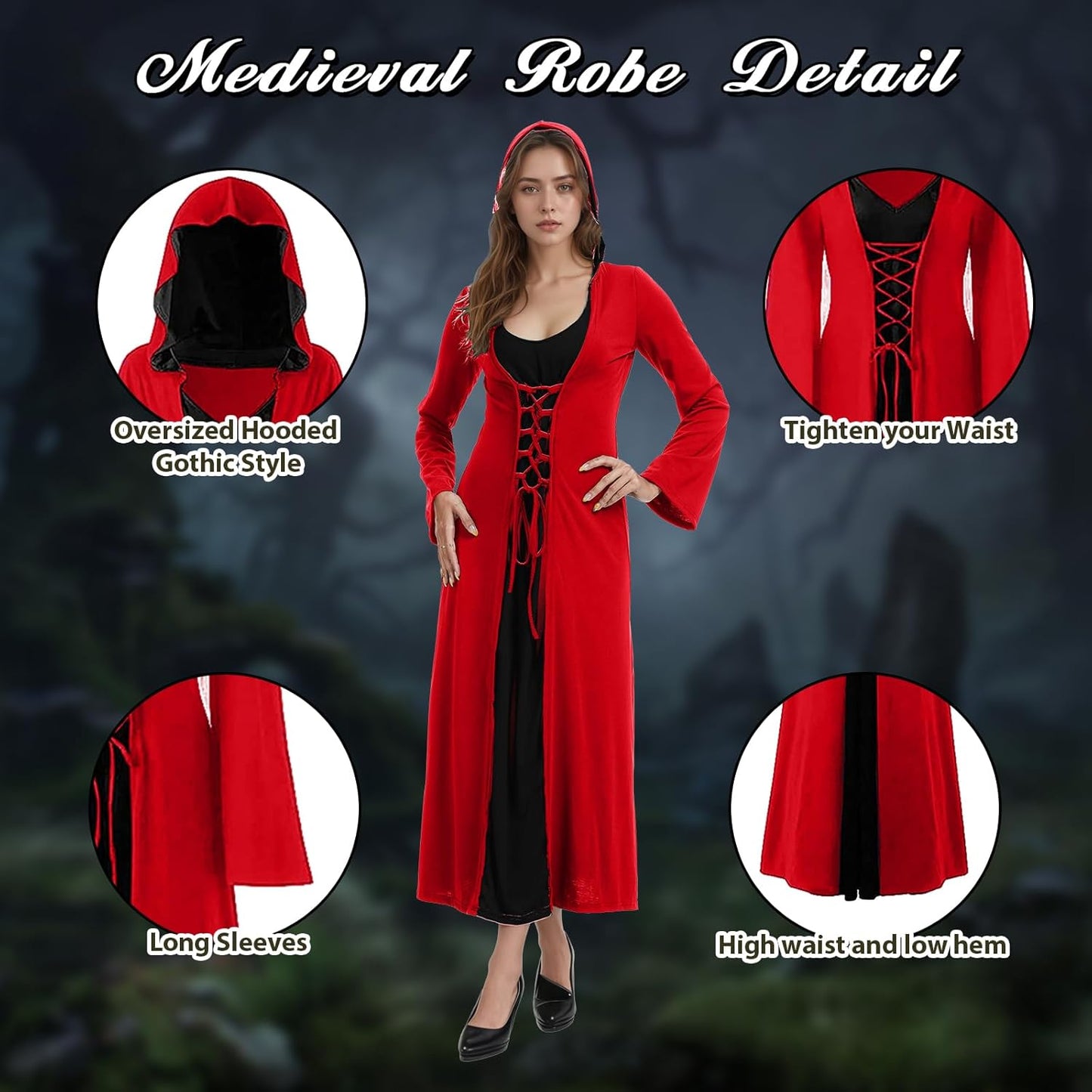 Mittelalterliches Halloween Kostüm mit Kapuze, XXL Rot und Schwarz