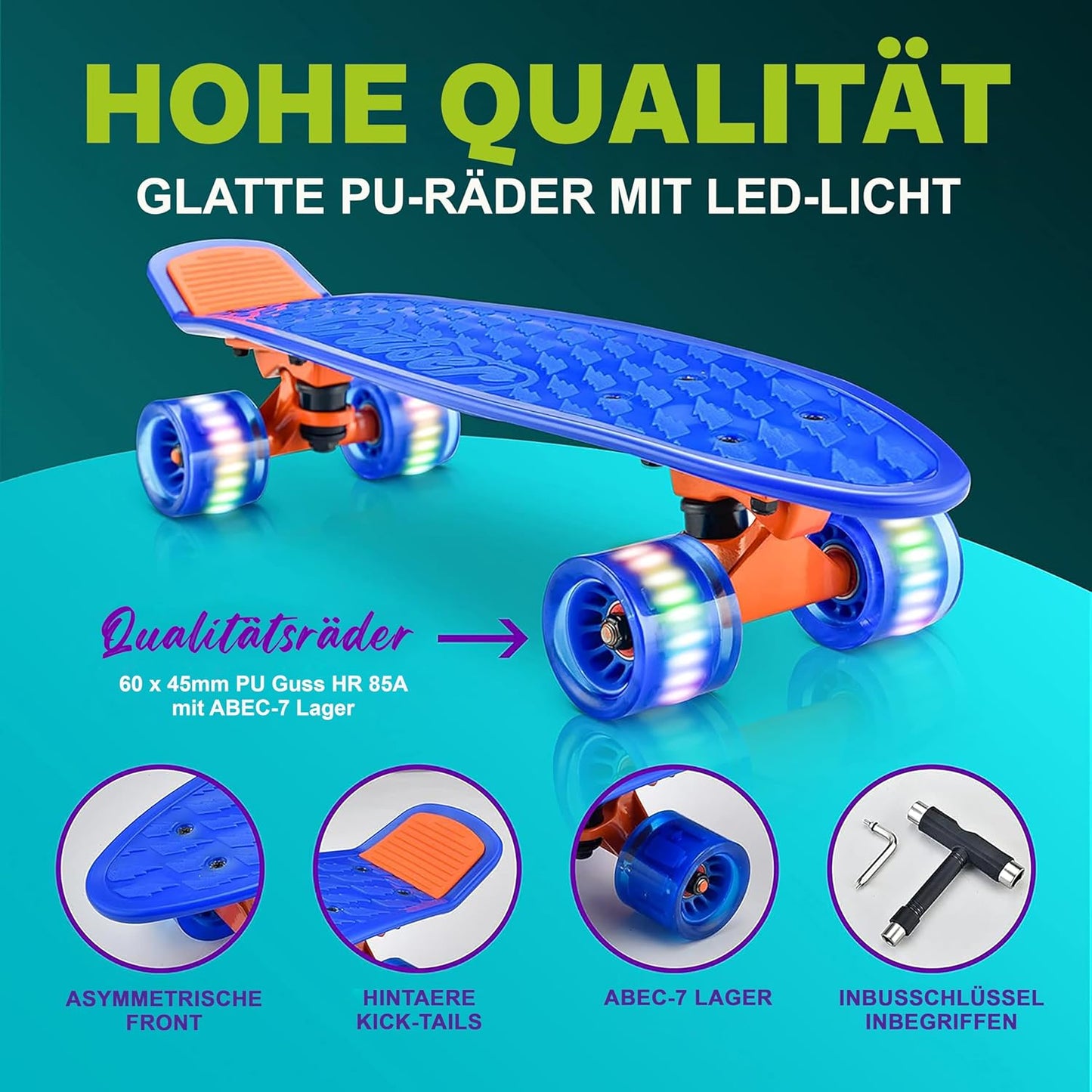 Mini Skateboard mit LED-Rollen für Kinder, Blau