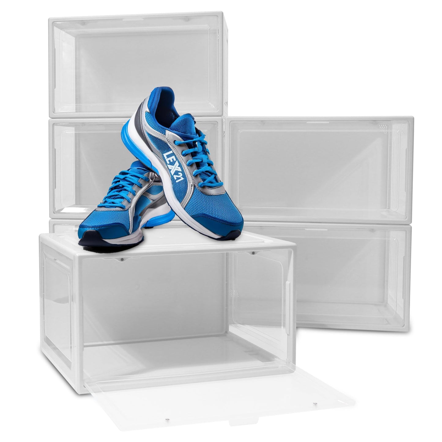 Stapelbare Schuhboxen LEX21, 6er-Set, mit Magnetverschluss, bis Grösse 47, Weiss 6er Set