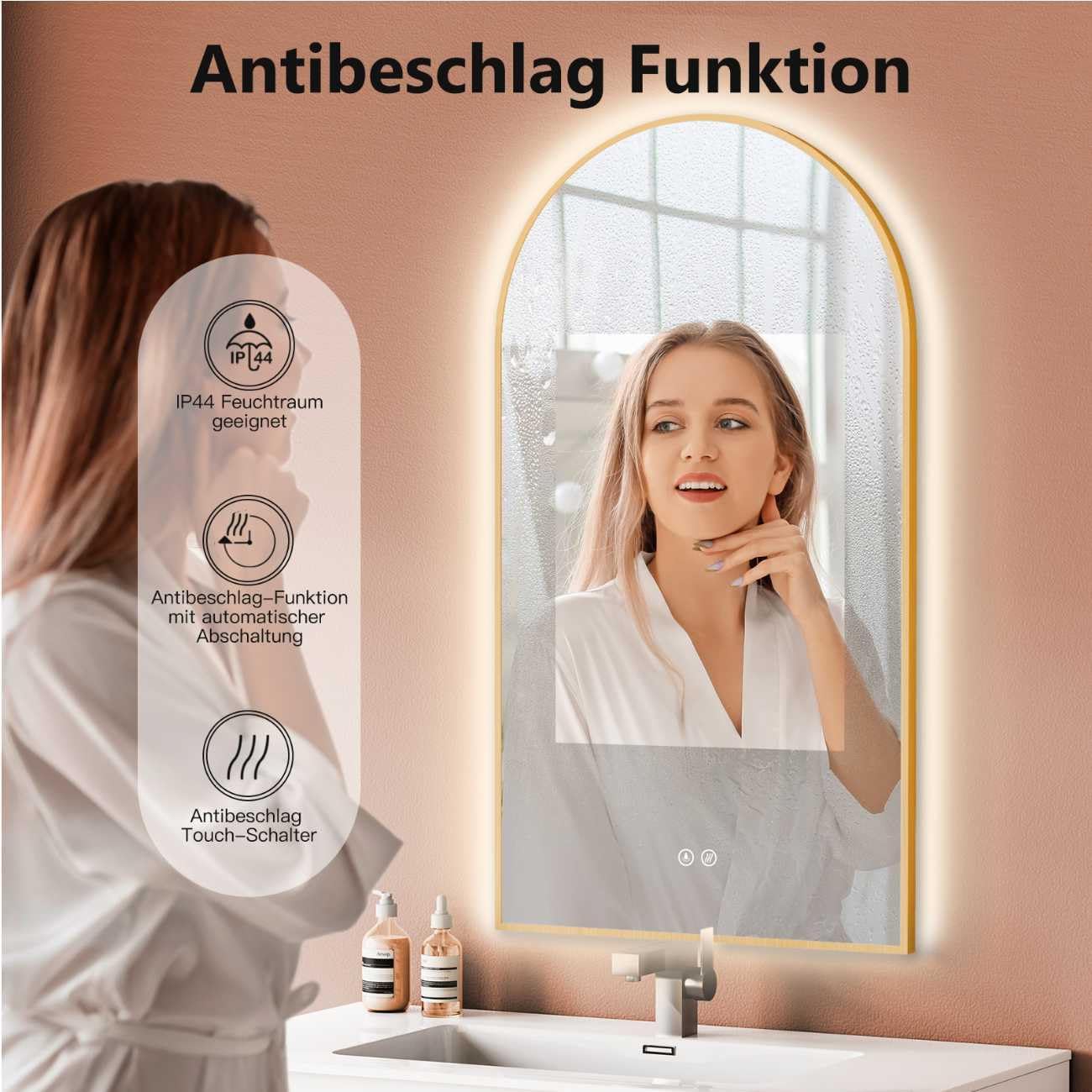 LED Badspiegel mit Antibeschlag und Touch-Schalter, Gold-arch Antibeschlag|50L x 90B cm