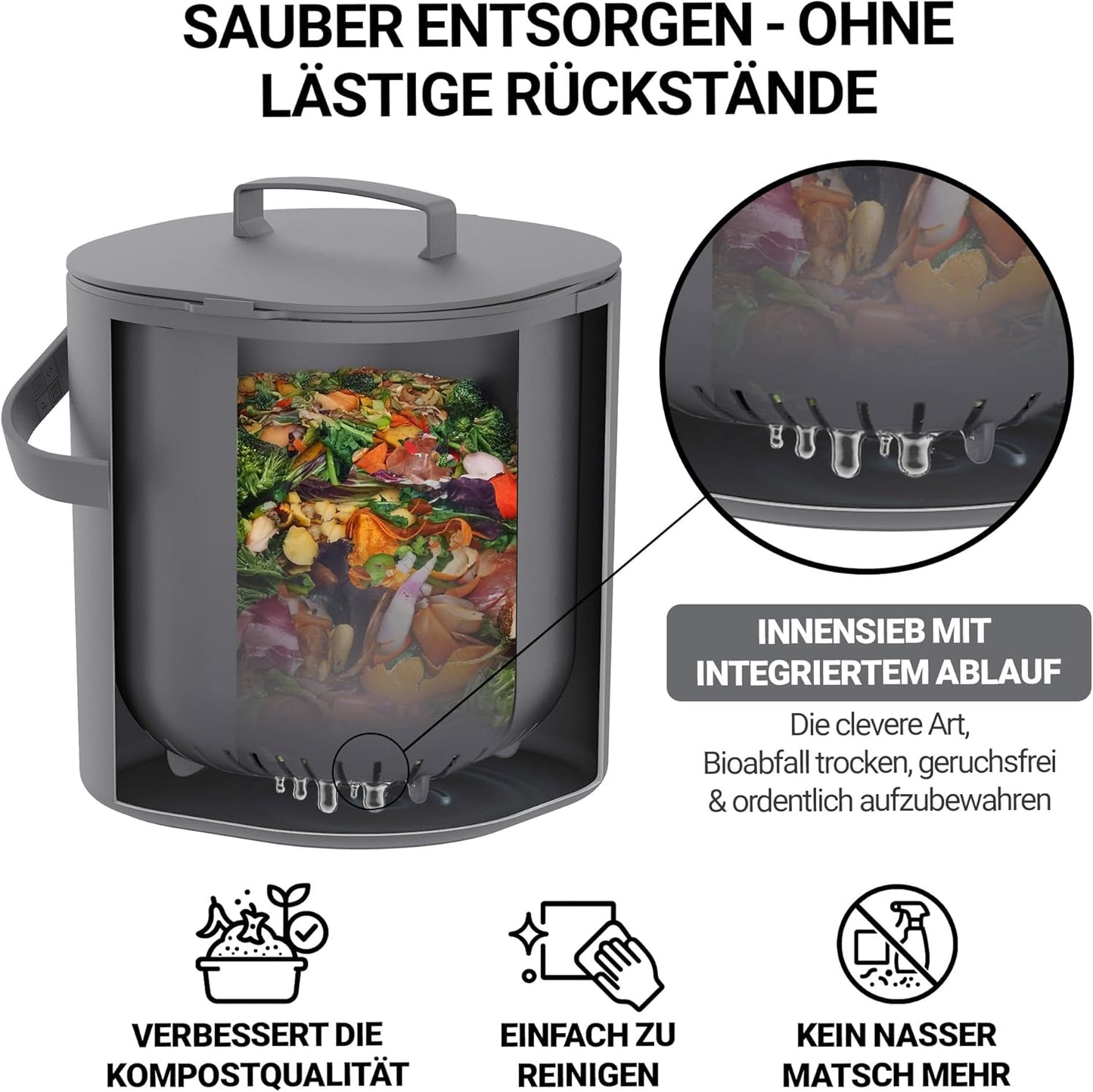 Komposteimer mit Deckel & Innensieb, Grau 6L