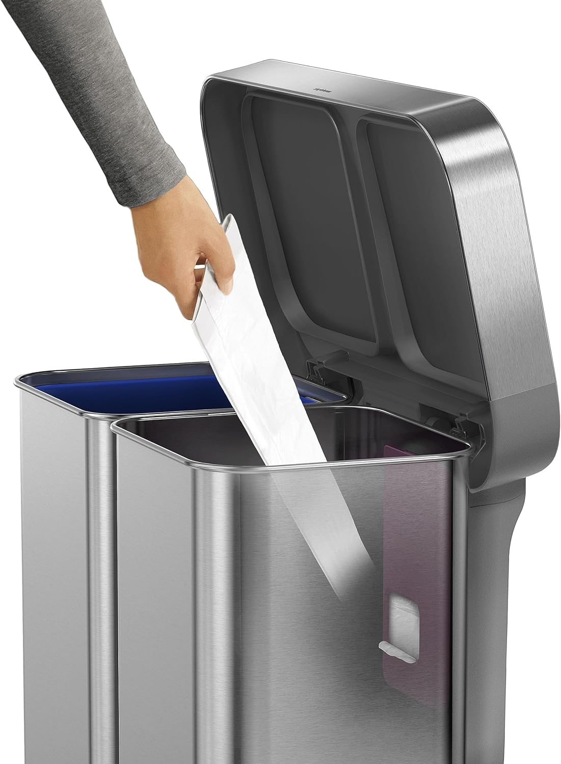 CW2209 Doppelfach-Treteimer, 58 L (34/24) — Recycling Treteimer mit Beutelfach Gebürsteter Edelstahl mit