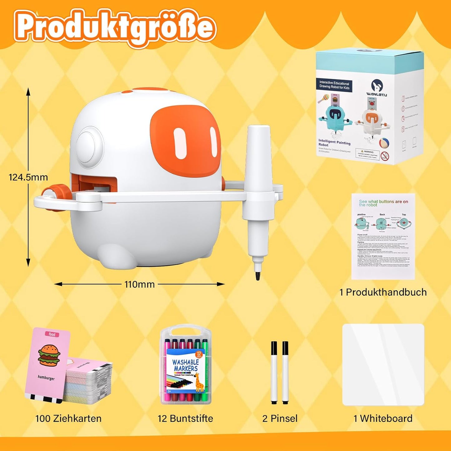 Zeichenroboter mit Sprachfunktion, 100 Karten und Stiften, Weiss