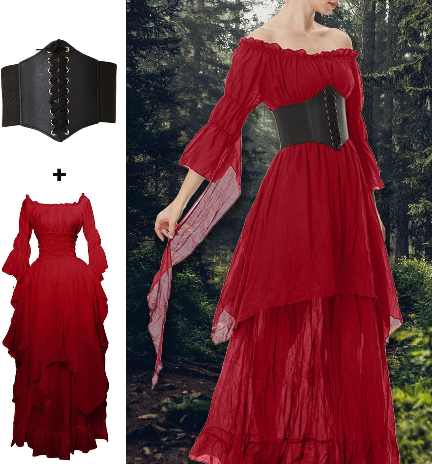 Mittelalter Renaissance Kleid mit Korsett Gürtel, Rot L