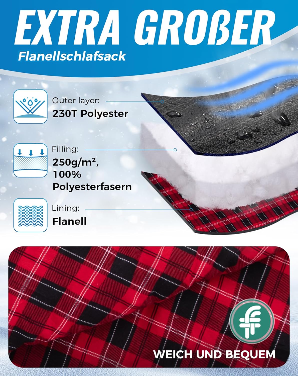 Schlafsack XXL für Erwachsene, #Klassisch Schwarz 220x100cm
