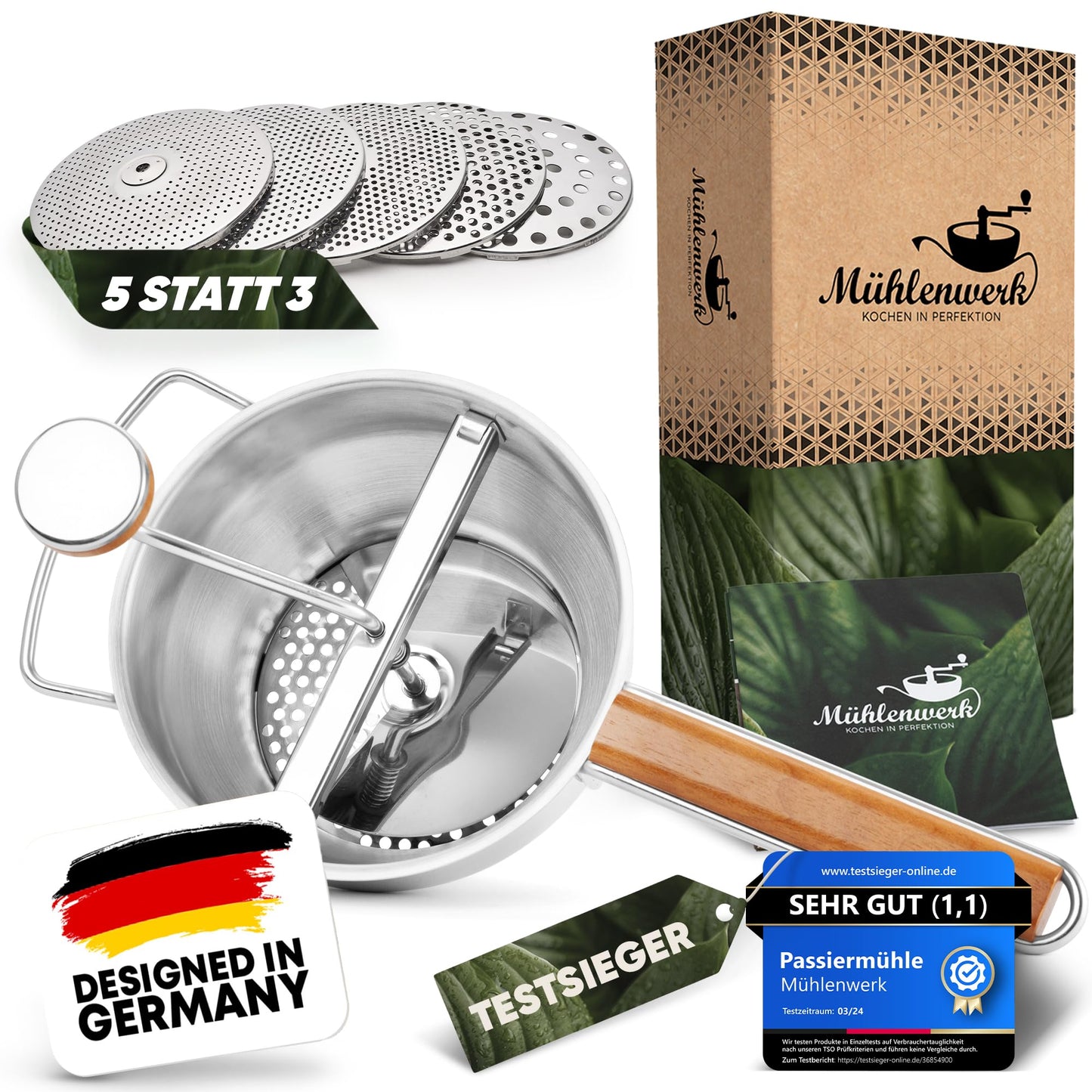 Passiermühle mit 5 Siebeinsätzen, Mit mehr Lochscheiben