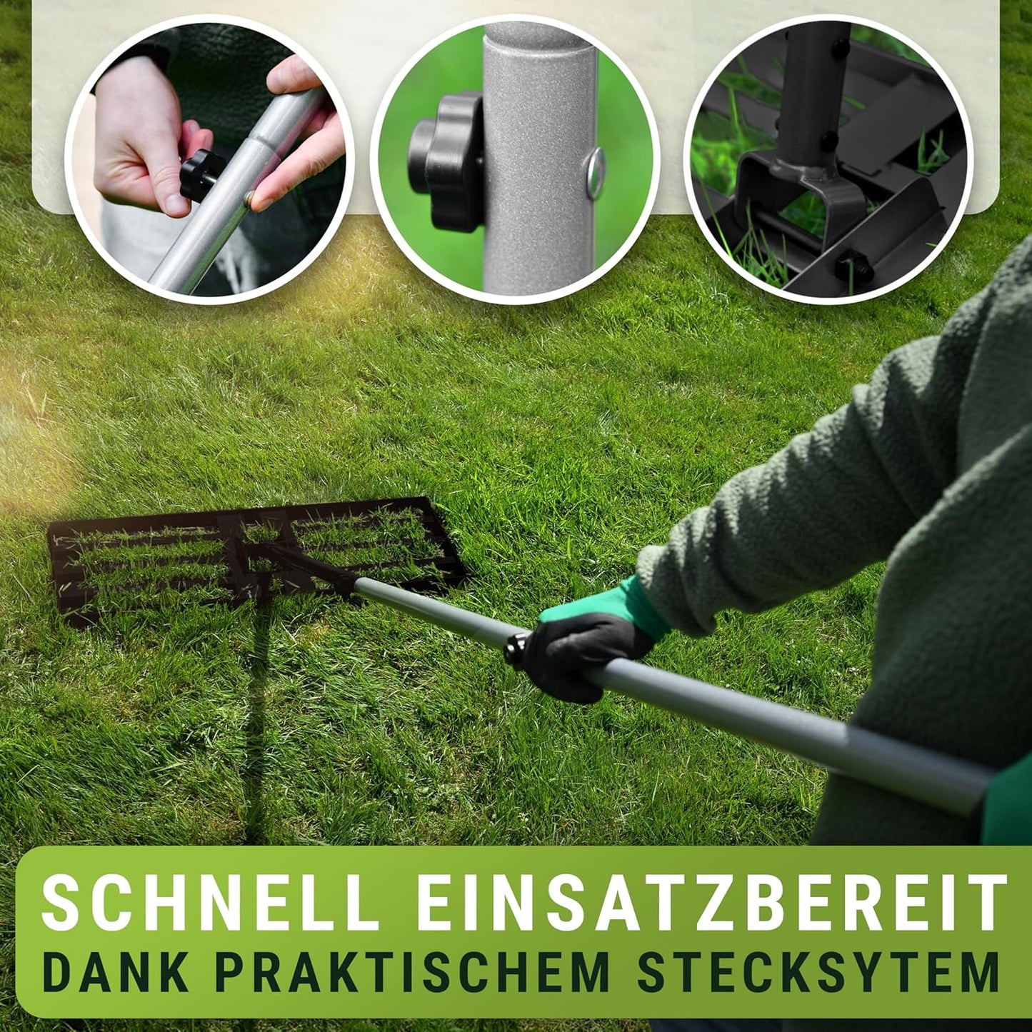 Rasennivellierrechen 80x30 cm mit langem Stiel & Handschuhen, Schwarz