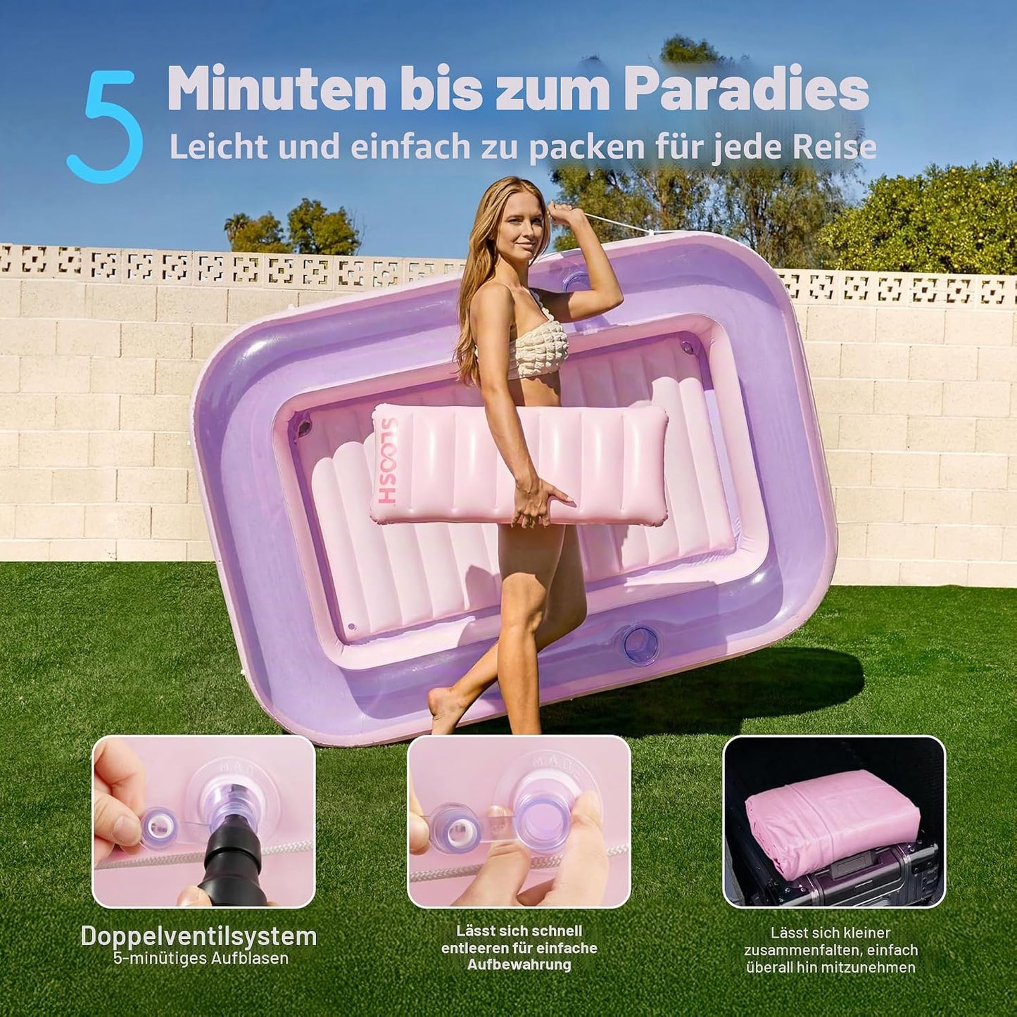 Aufblasbarer Sonnenpool mit abnehmbarem Kissen und Getränkehalter, Lila-Pink L