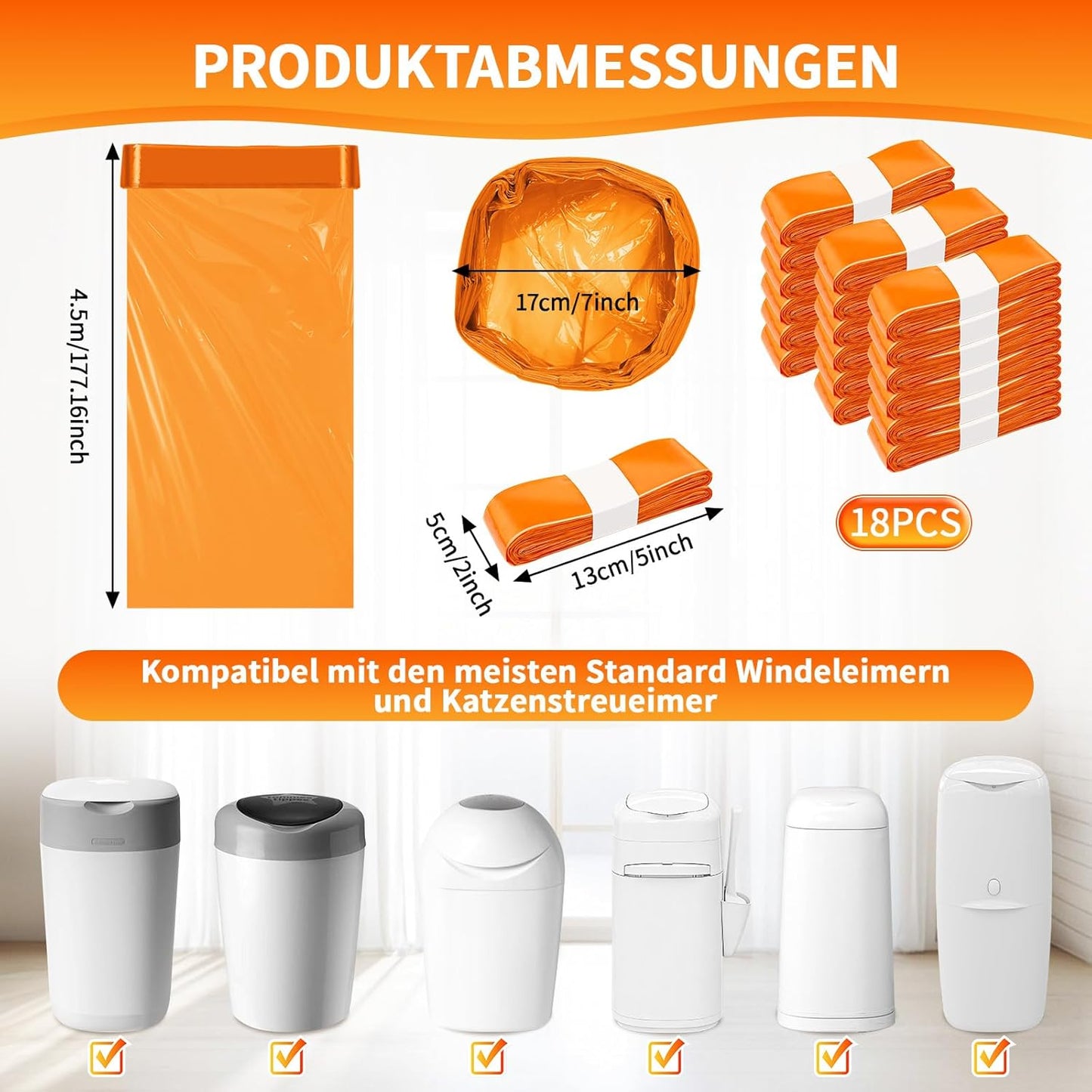 18er-Pack Nachfüllkassetten für Windeleimer, Orange-18 Stück