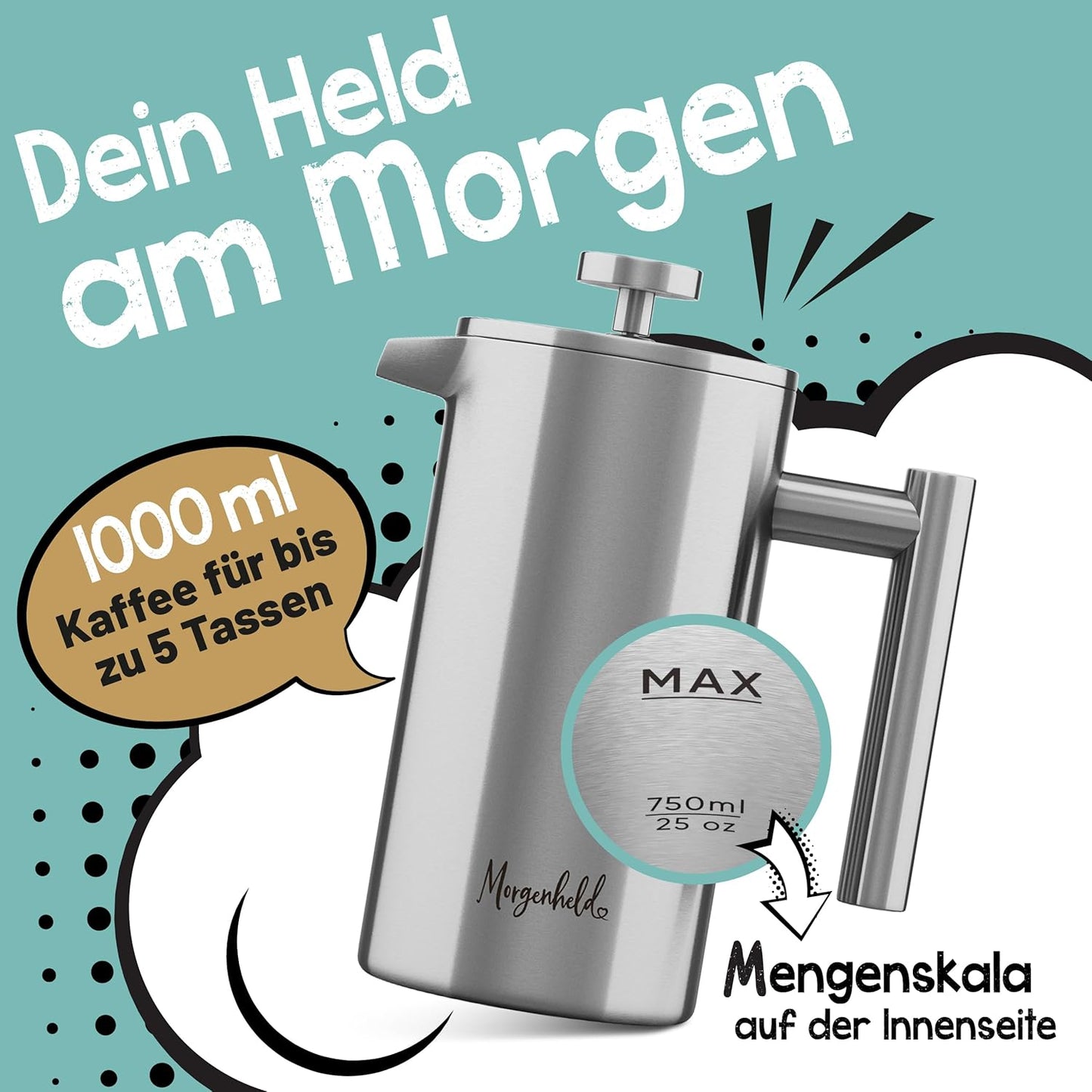 French Press Kaffeebereiter mit 3 Ersatzfiltern, 1000ml (5 Tassen)