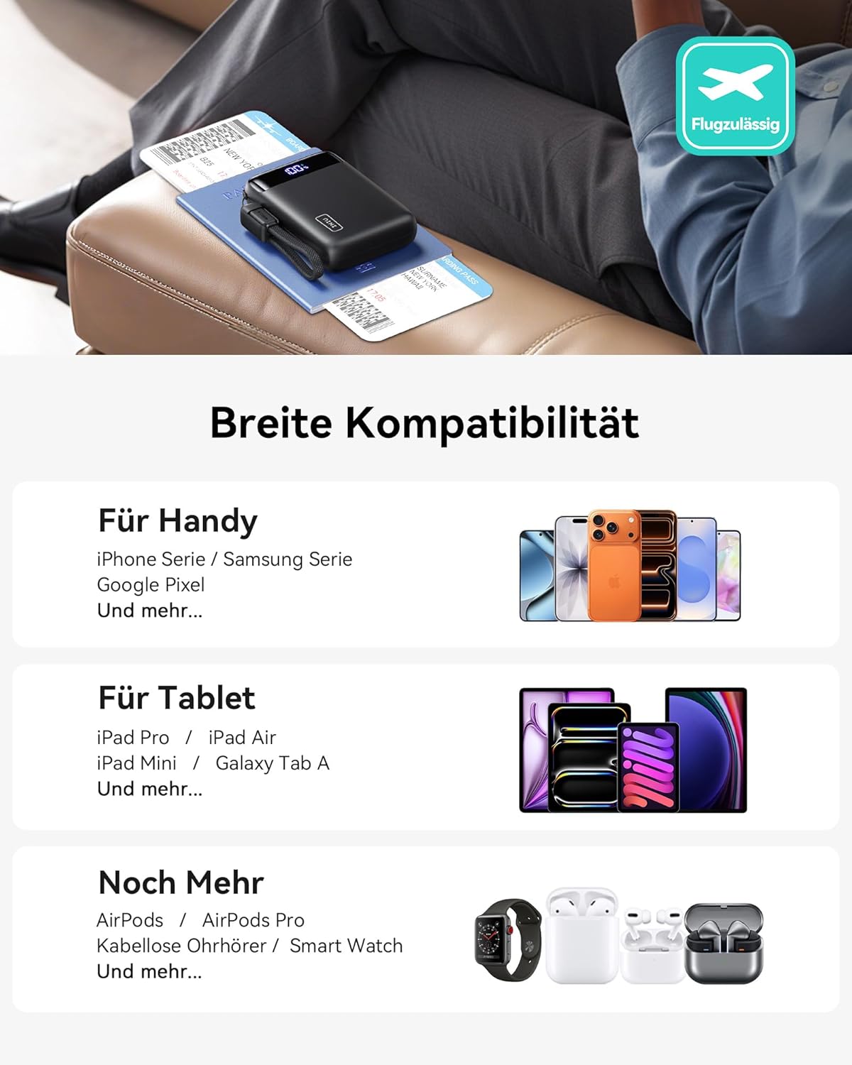 Powerbank mit Schnellladefunktion, Mini Grösse Schwarz