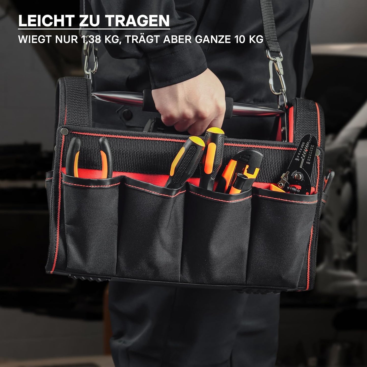 Werkzeugtasche XL mit Schultergurt und Fächern, 44x22x25 cm
