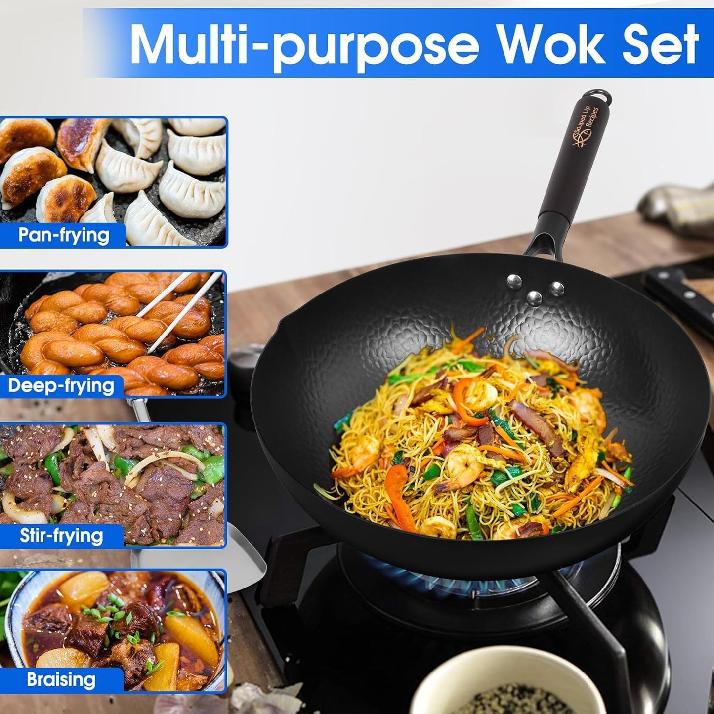 Wokpfanne mit Deckel & Spatel, A-12,5-zoll-wok mit Holzdeckel