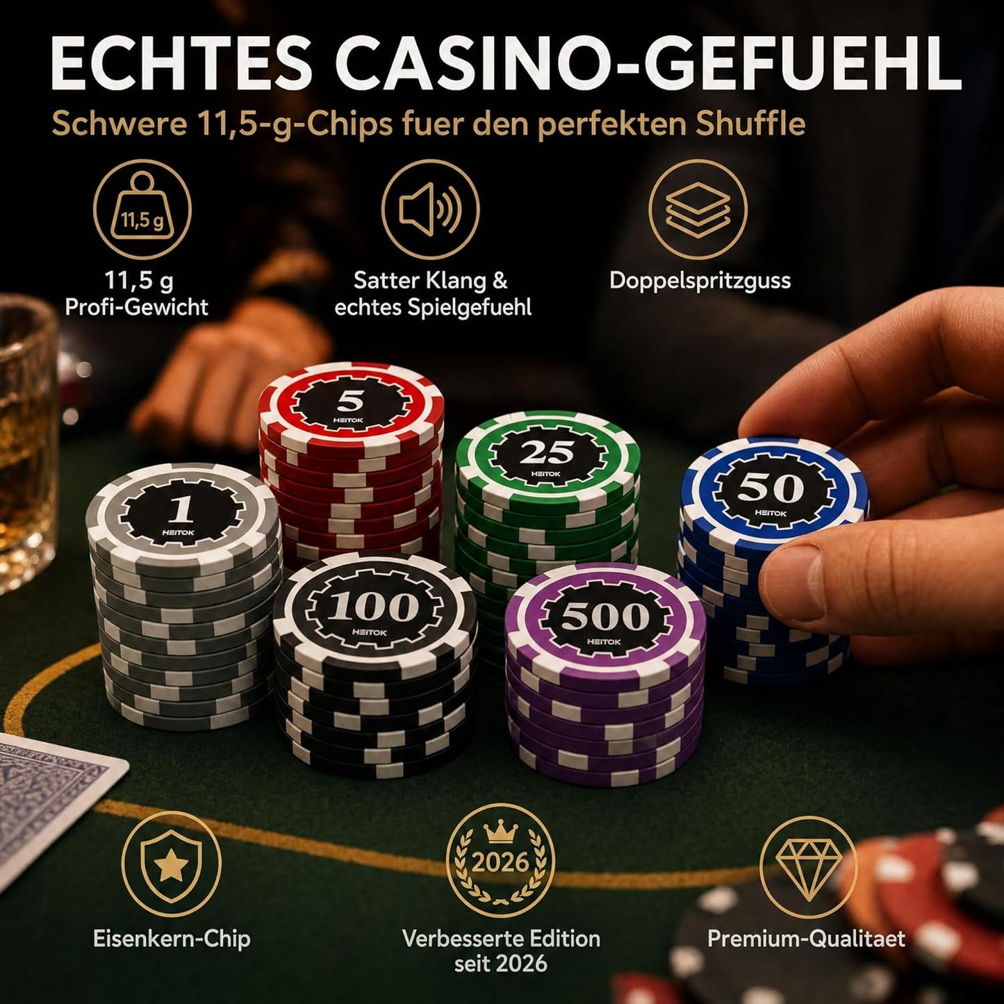 Poker Set im Alukoffer, 500 Chips mit Zahlen Alukoffer
