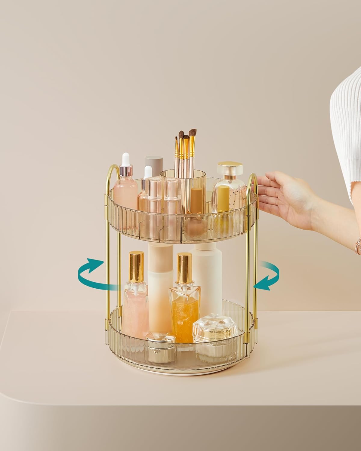 Drehbarer Make-up Organizer mit 2 Ebenen, Modell JKA012A01, Champagnergold 2 Ebenen (31H cm)