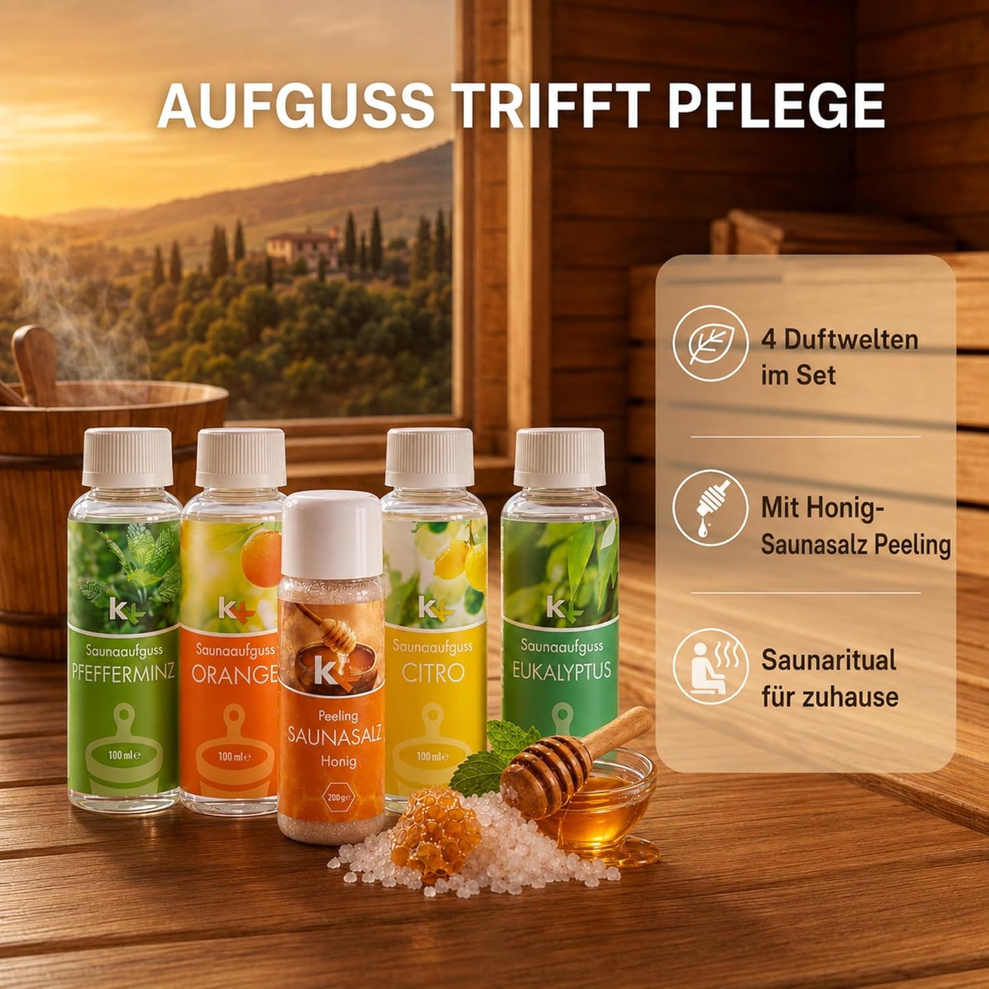 Saunaaufguss Geschenkset Toskana mit Honig Peeling, 4x100ml, Toskana