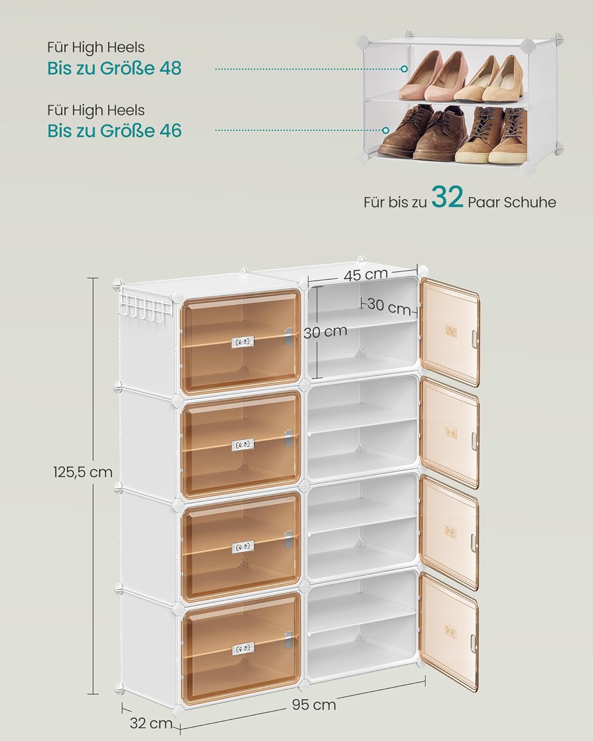 Schuhregal mit 8 Fächern, für 32 Paar Schuhe, Wolkenweiss + Transparentes Braun
