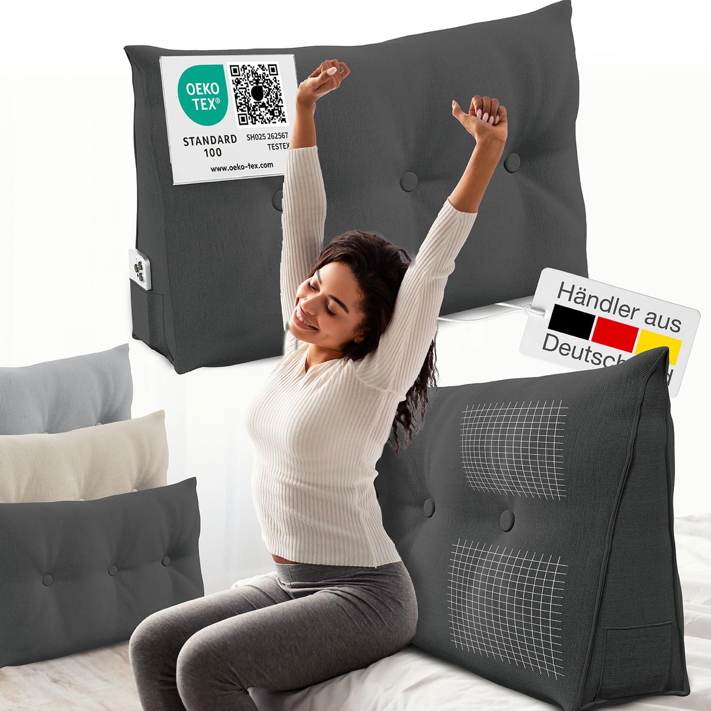 Rückenkissen mit Seitentaschen und abnehmbarem Bezug, Anthrazit 100 cm