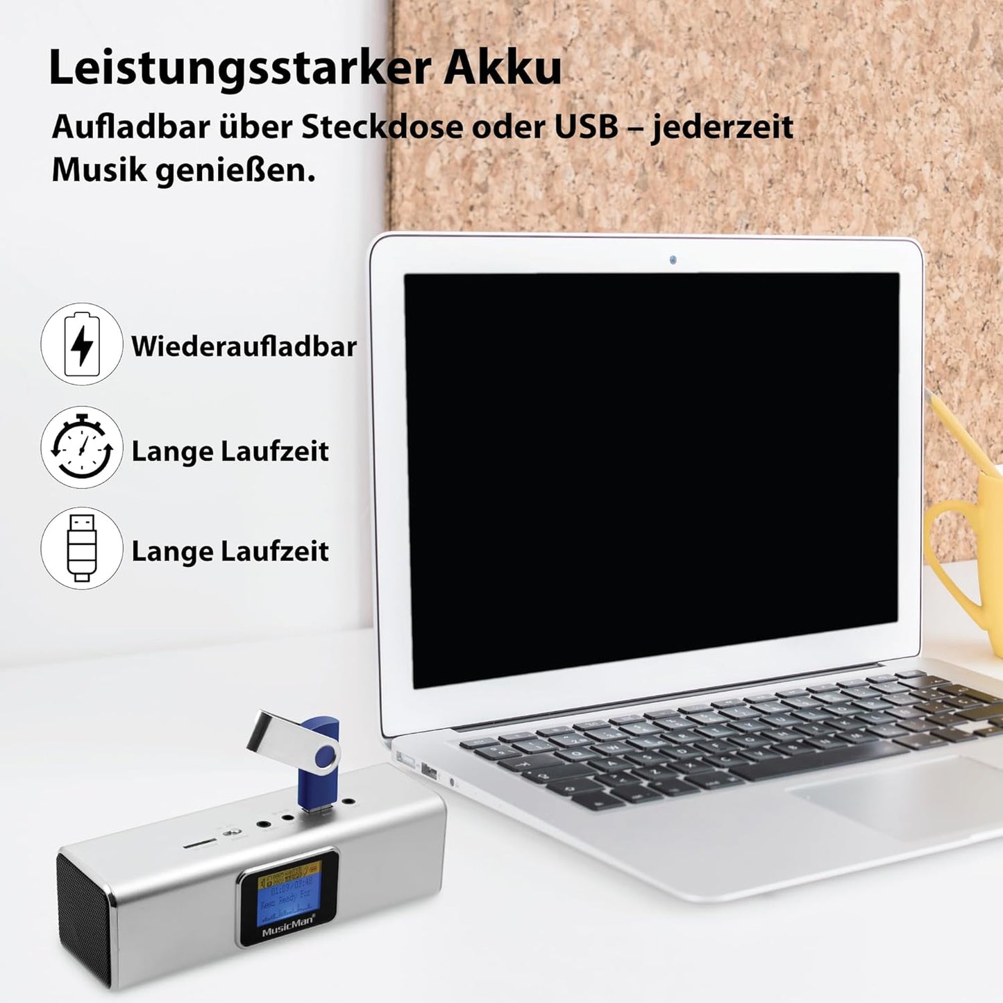 Mobiler Stereo Lautsprecher mit LCD Display, Silber mit Display Single