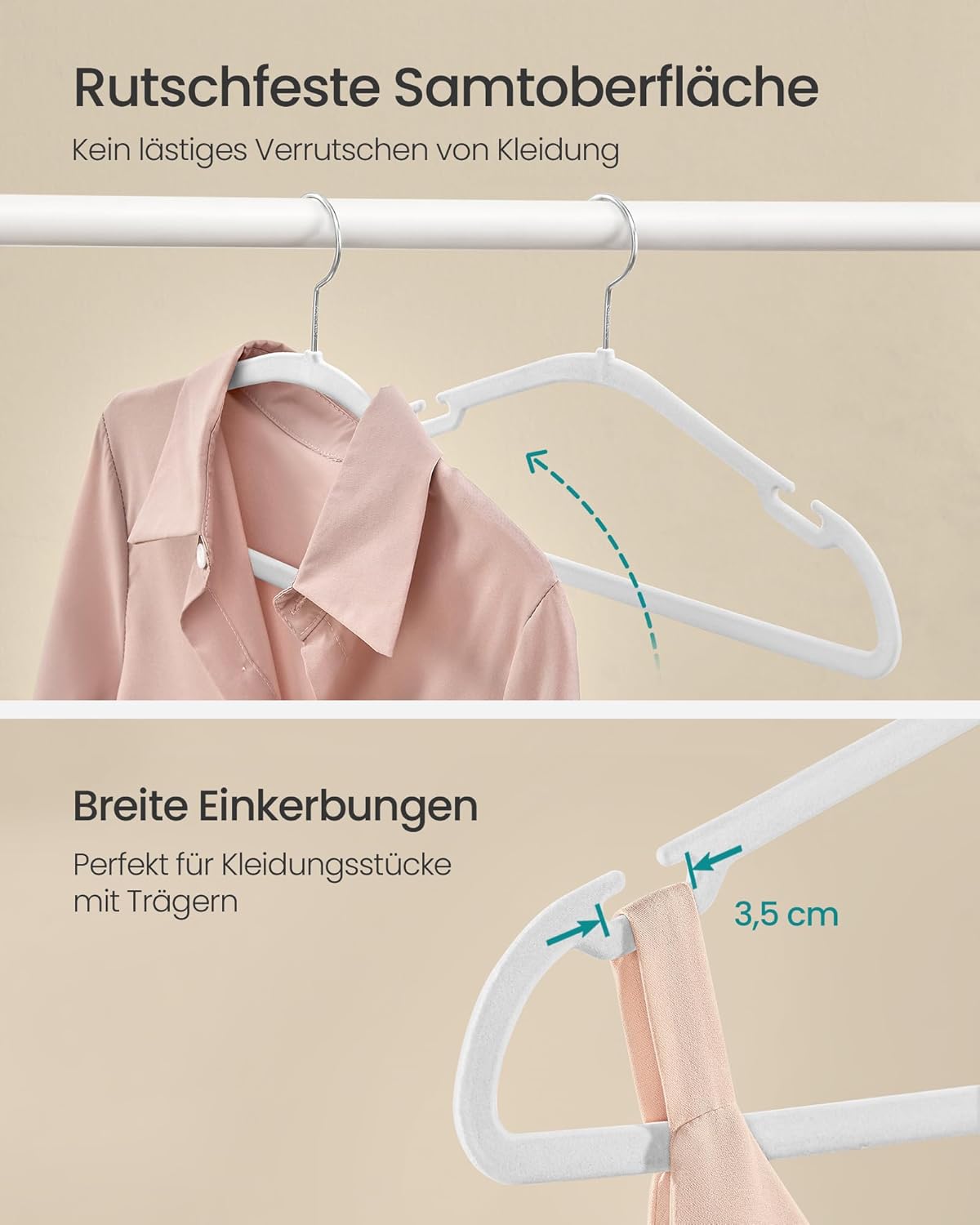 Samt-Kleiderbügel, 50 Stück, Wolkenweiss