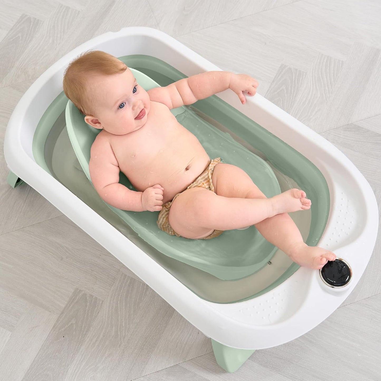 Faltbare Baby-Badewanne mit Badethermometer, Babywippe GRÜN