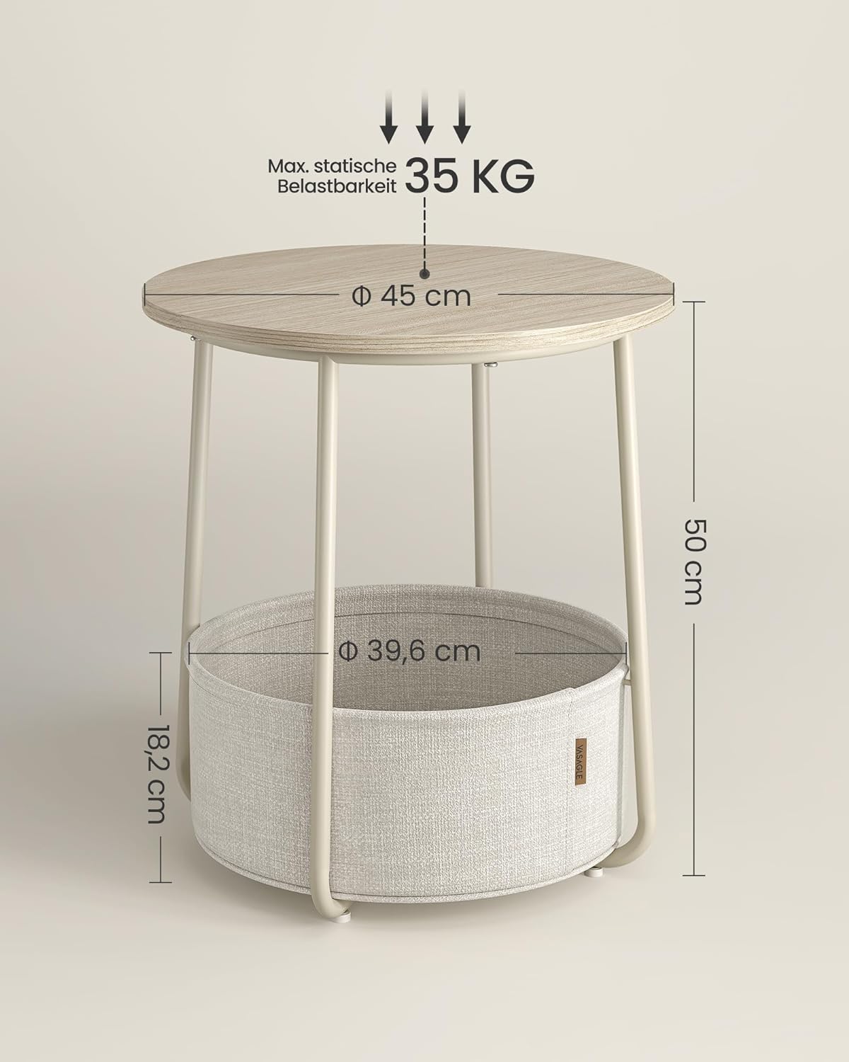 Runder Beistelltisch Smarty mit Stoffkorb und Stauraum, Cremeweiss
