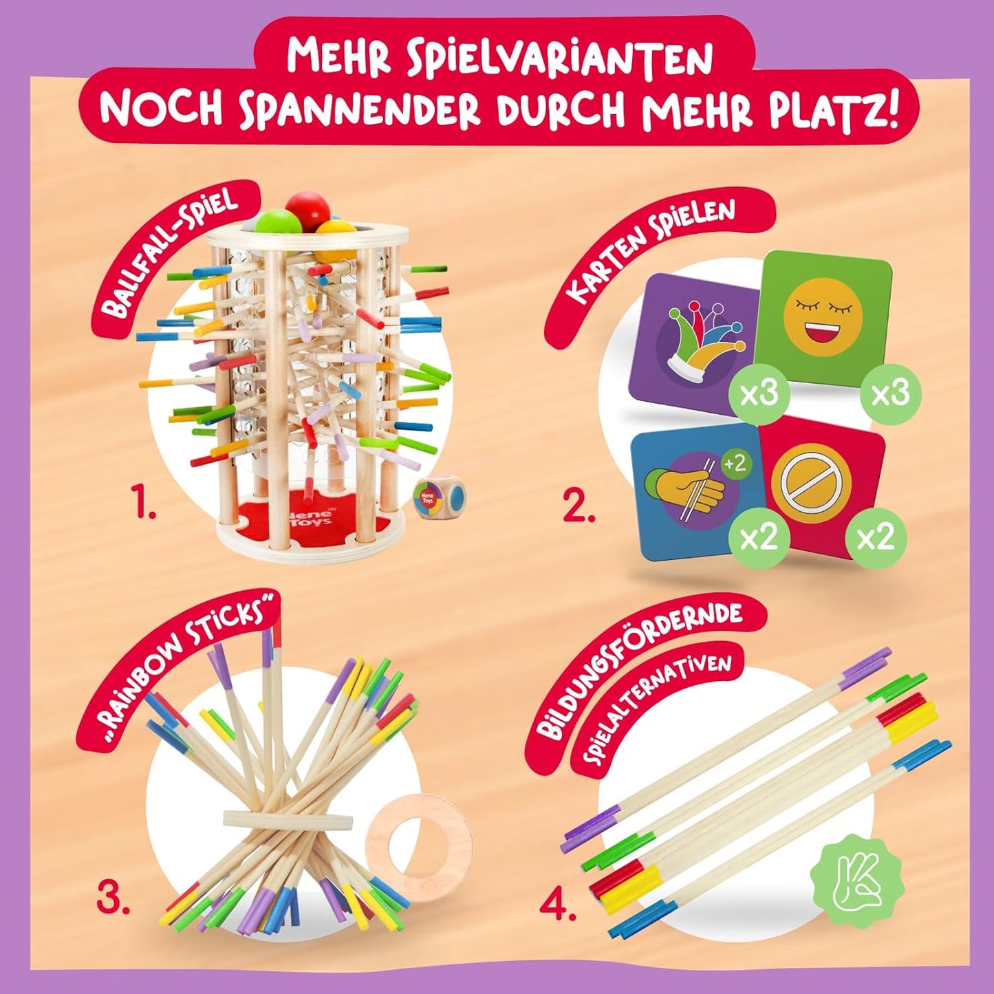 Pädagogisches Brettspiel mit bunten Stöcken, Würfeln und Karten - Spielzeug aus Holz