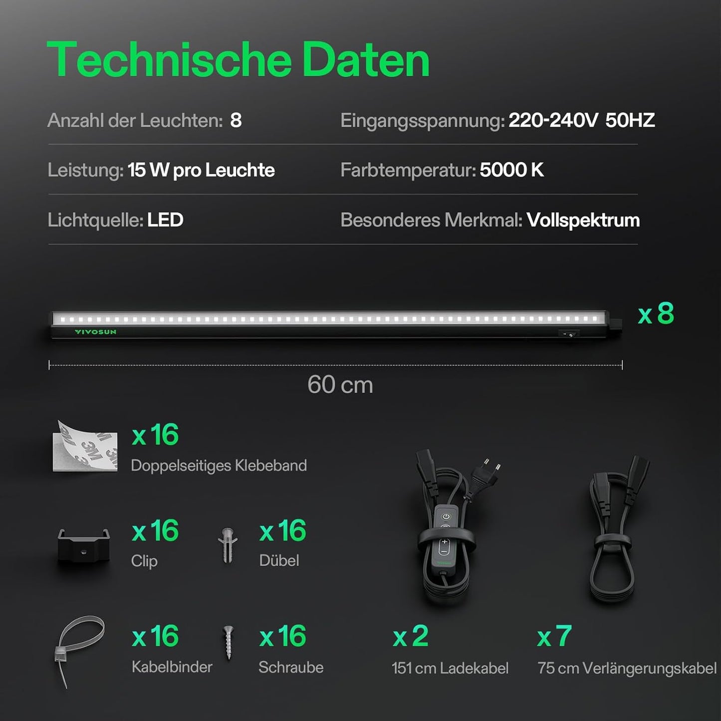 8er-Set T5 LED-Pflanzenlampen mit Timer & Dimmer, 60cm-8er Set