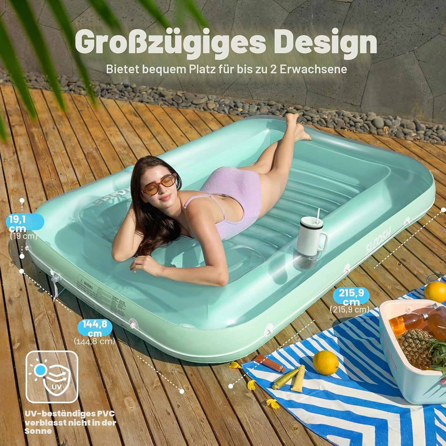 Aufblasbarer Sonnenpool mit abnehmbarem Kissen und Getränkehalter, Cyan XL