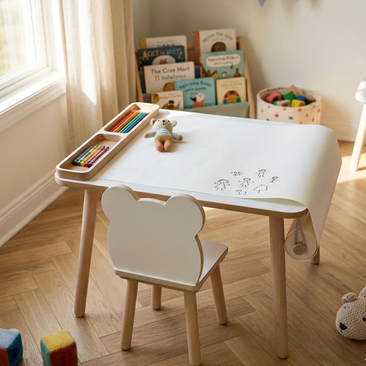 Kindertisch mit Papierrolle & Organizer, Weiss Holz 50 x 60 x 47 cm