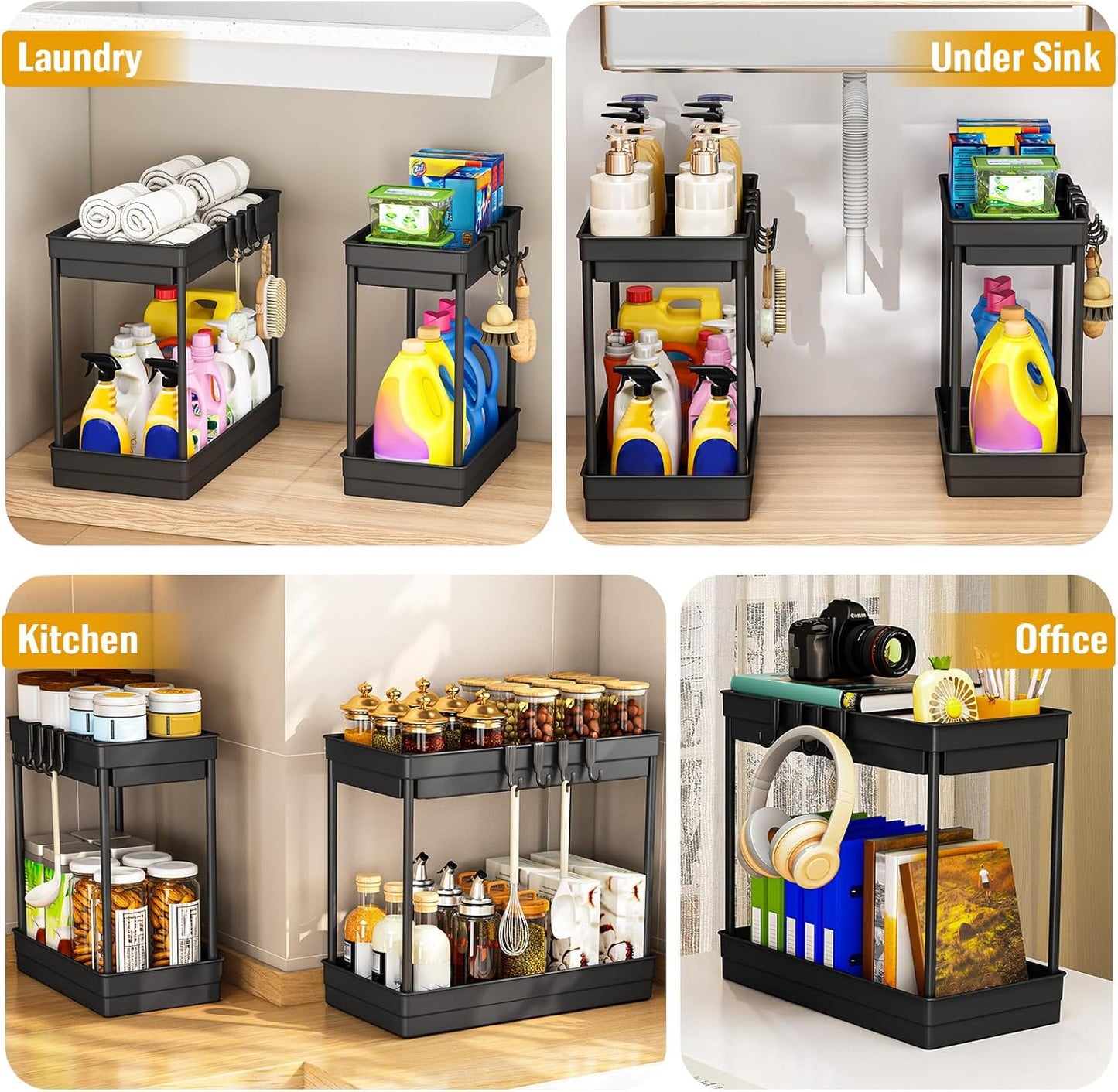 2er-Set Schrank-Organizer mit 8 Haken, Schwarz,2 Stück