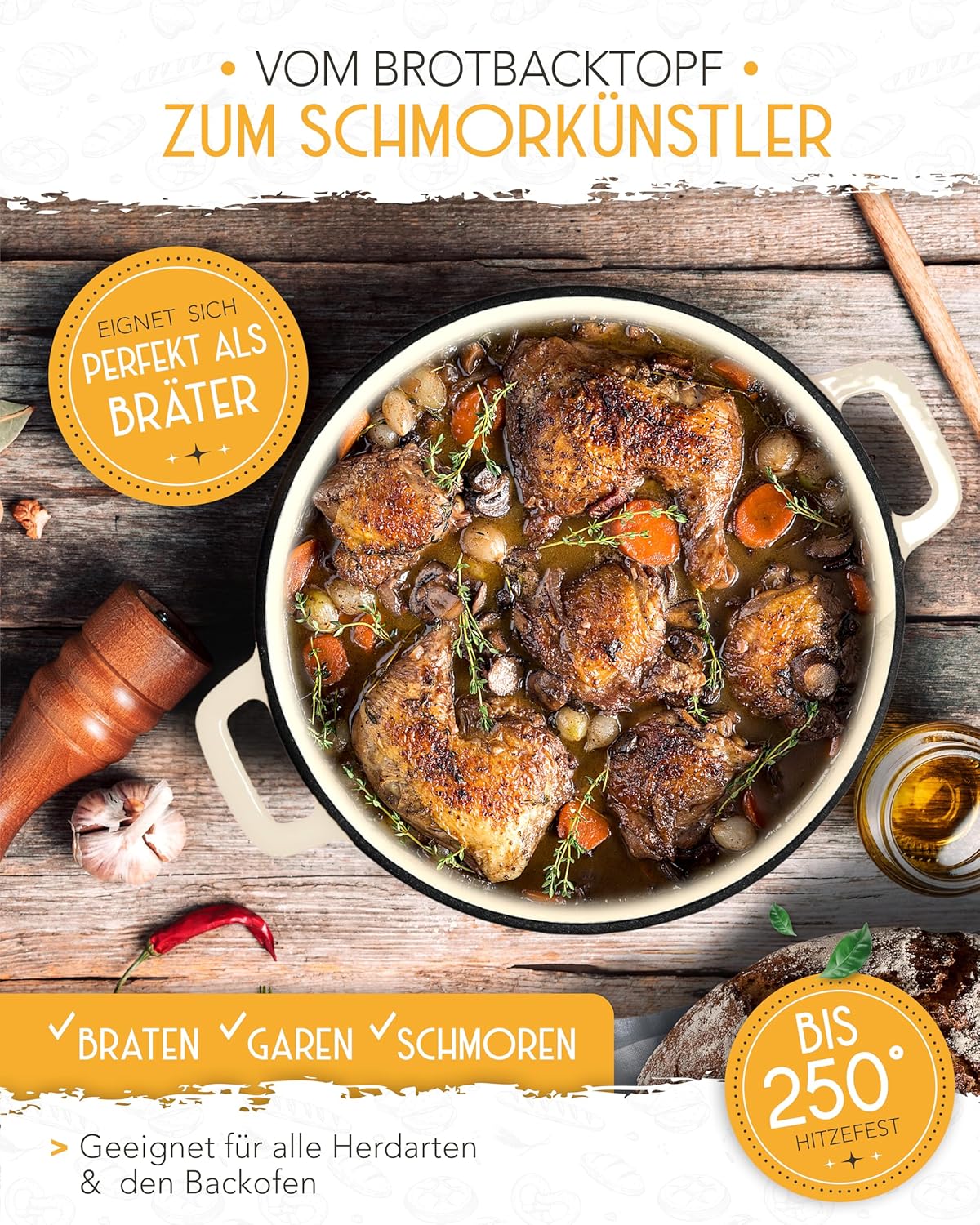 Schmortopf mit Deckel, Emaille Topf 4,7l - Creme - Einzeln