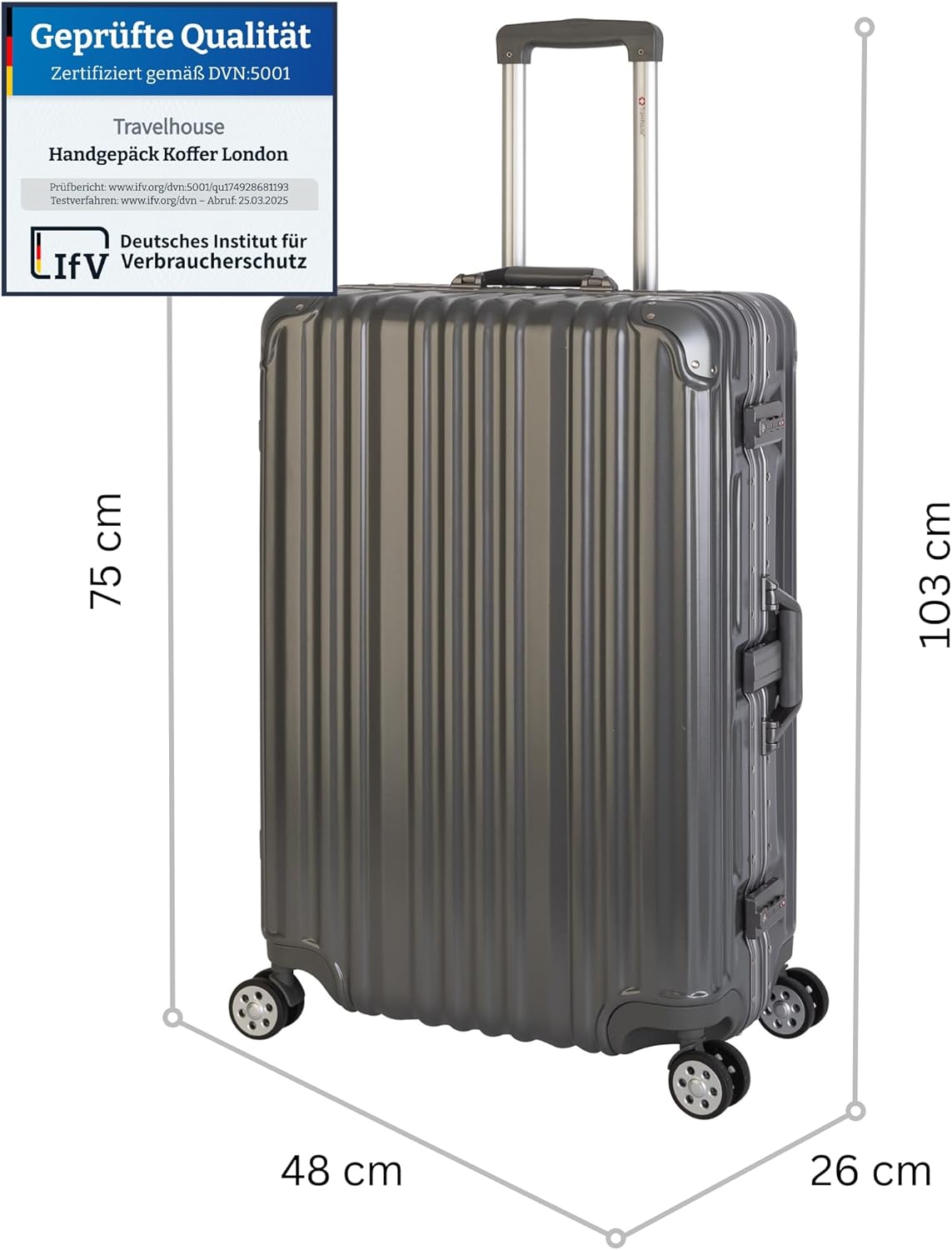 Reisekoffer mit Aluminiumrahmen und TSA-Schlössern, Grau Großer Koffer